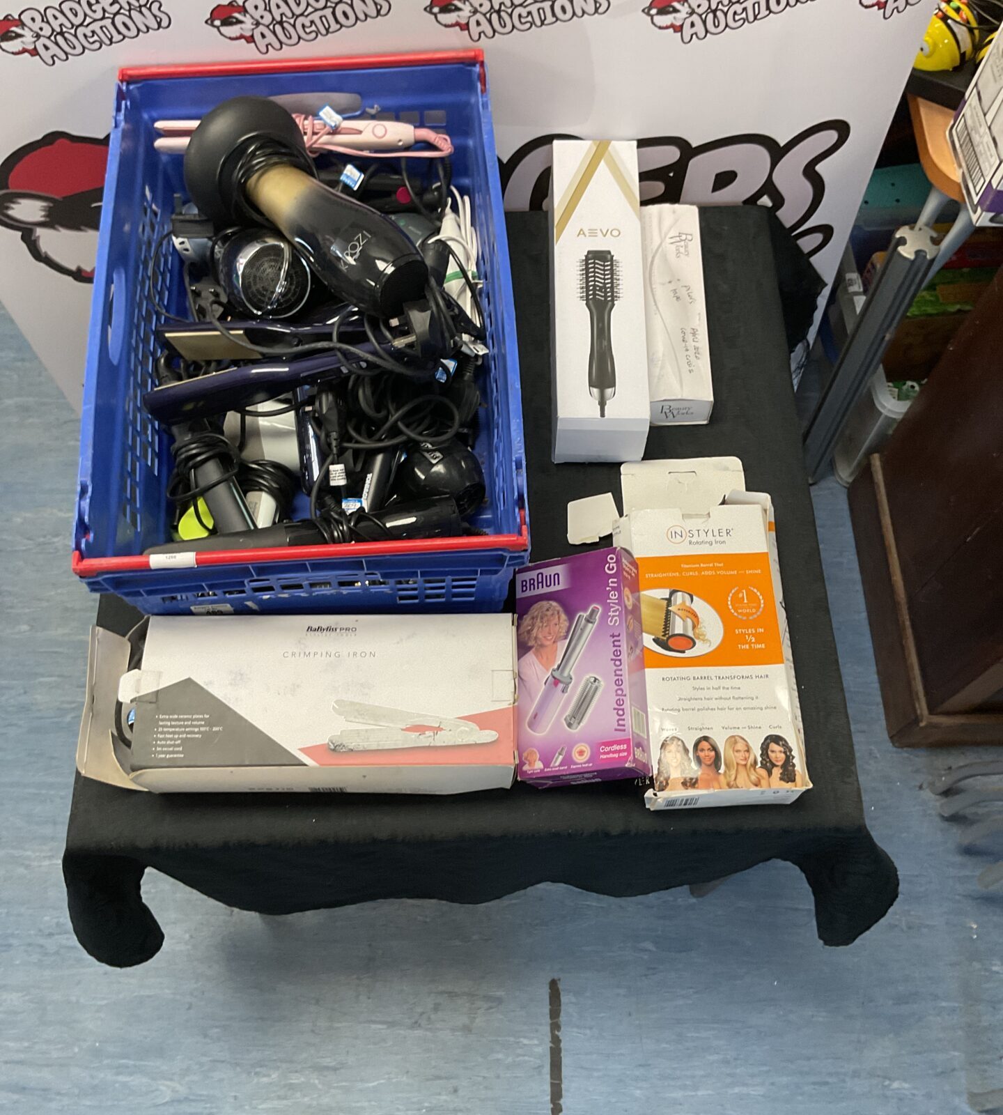 Crate of mixed beuty items inc hair curlers and hairdryers