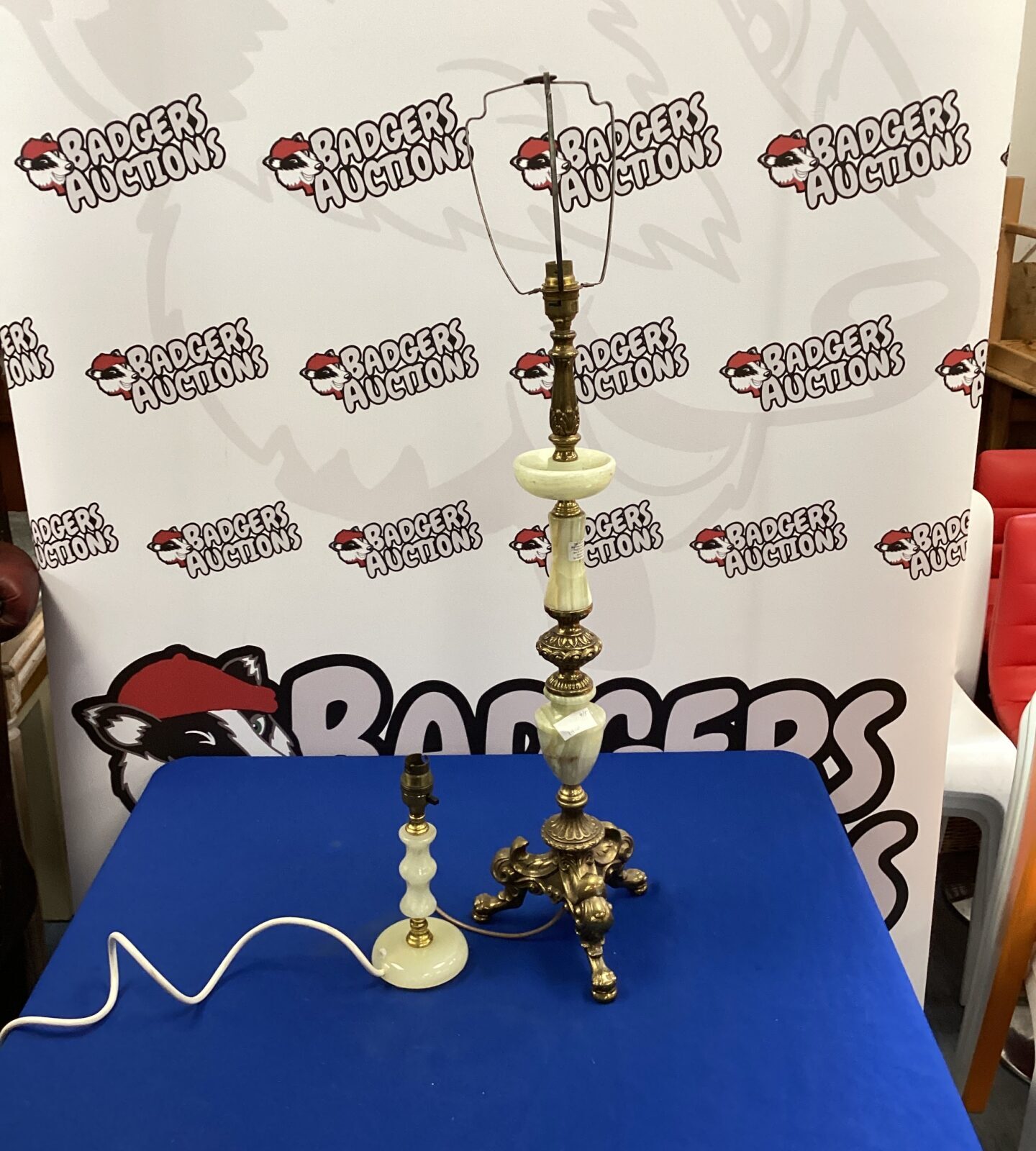 Two marble based with brass table lamps