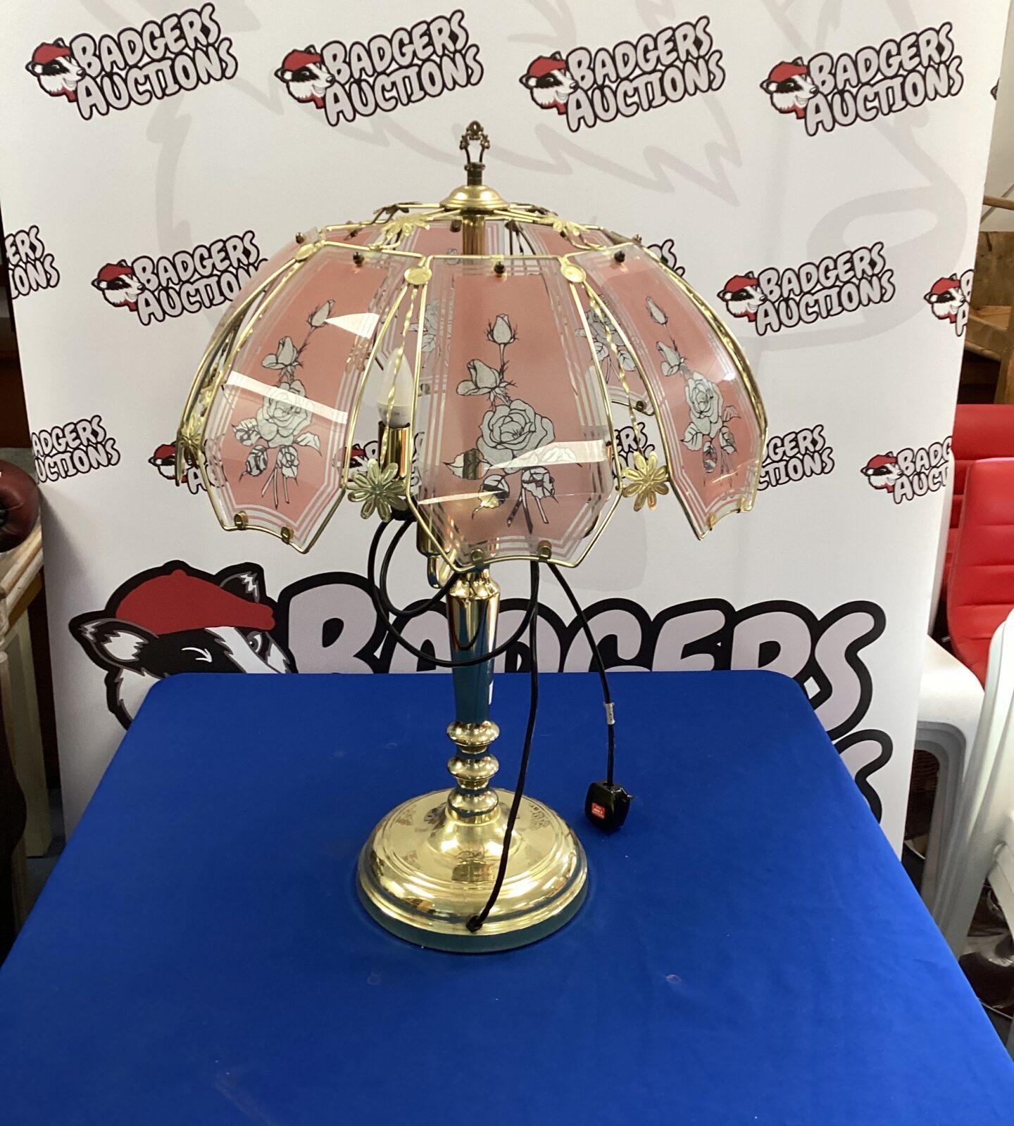 Brass & glass tri headed table lamp with rose patterned glass