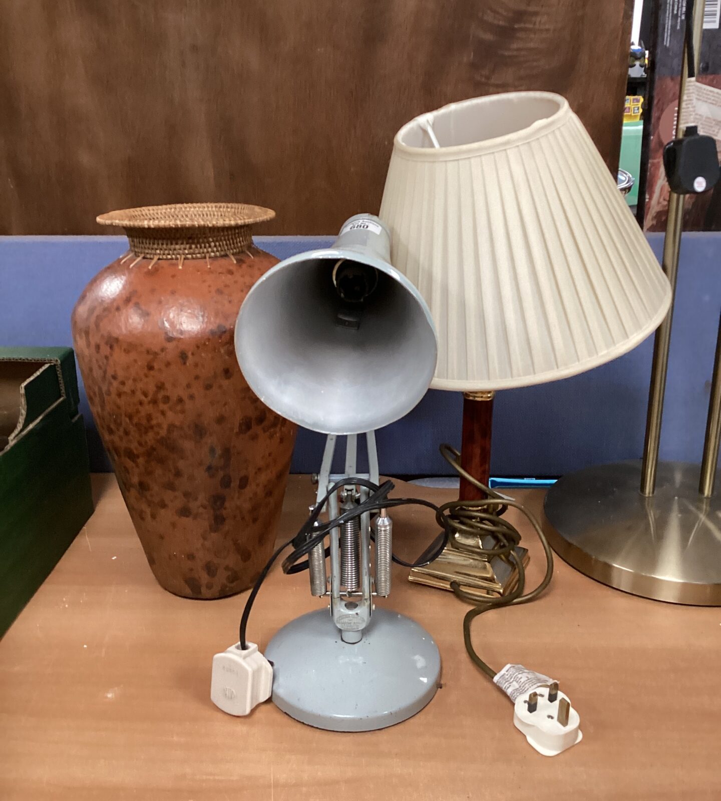 African style urn with angle poise lamp & brass table lamp