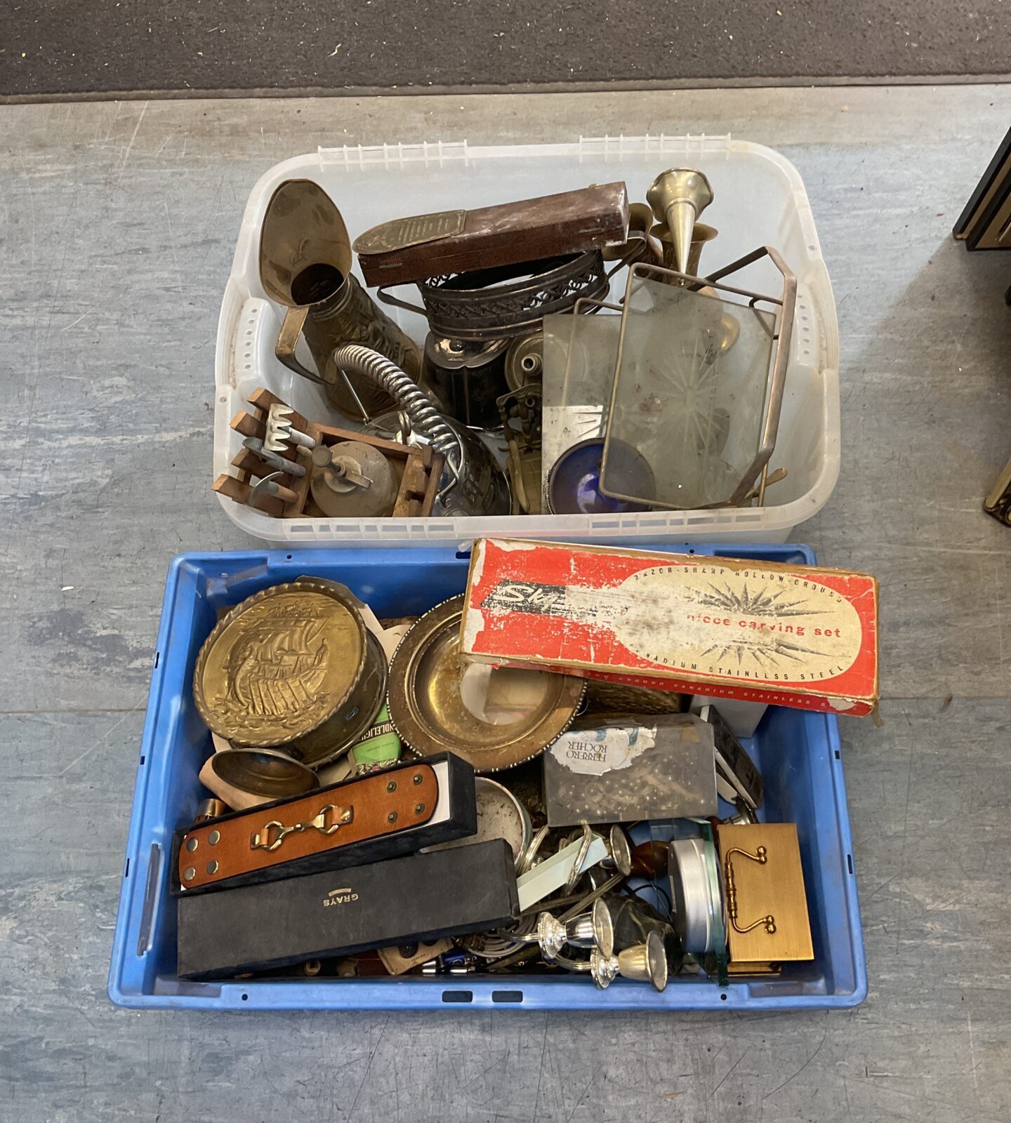 Two boxes of mixed brass, copper & silver plate