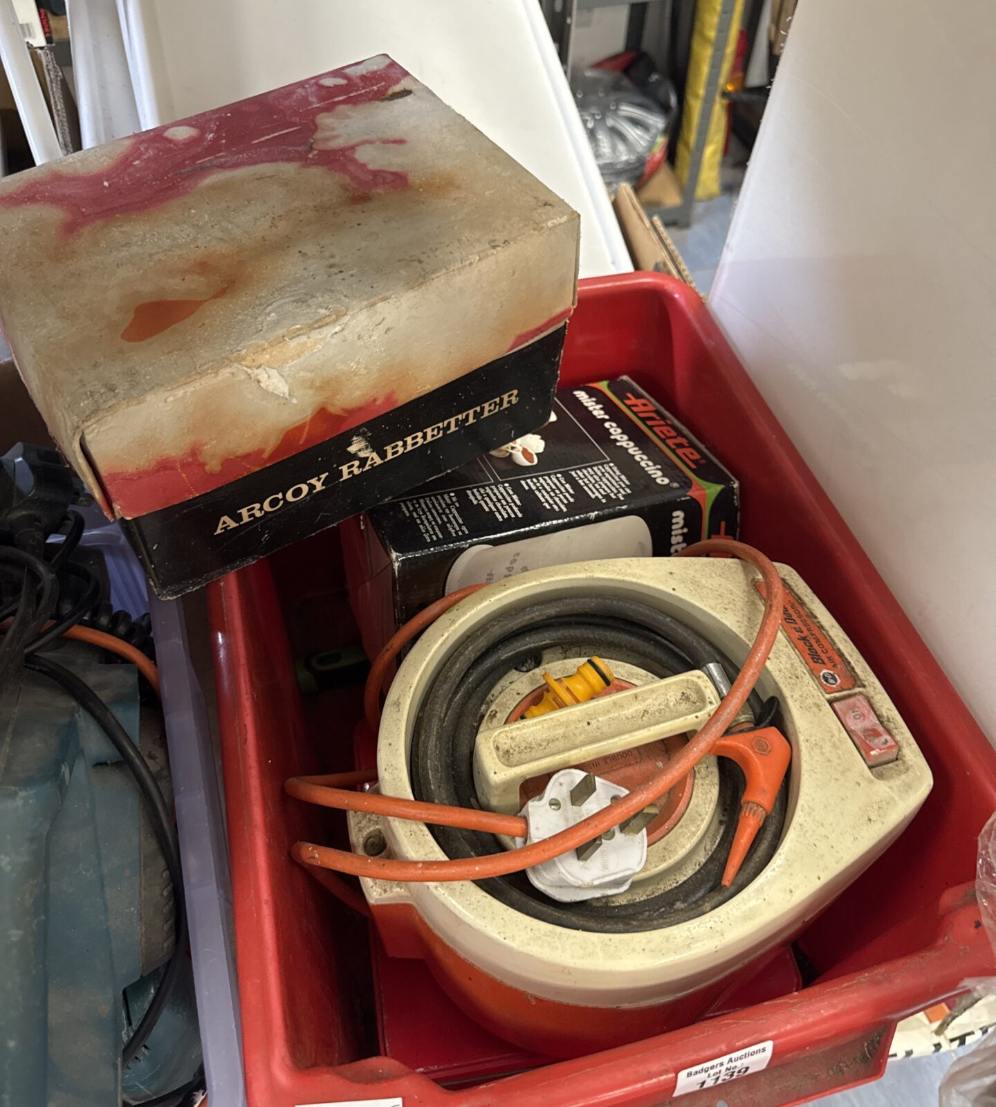 Box of shed clearance items inc black & decker compressor with others