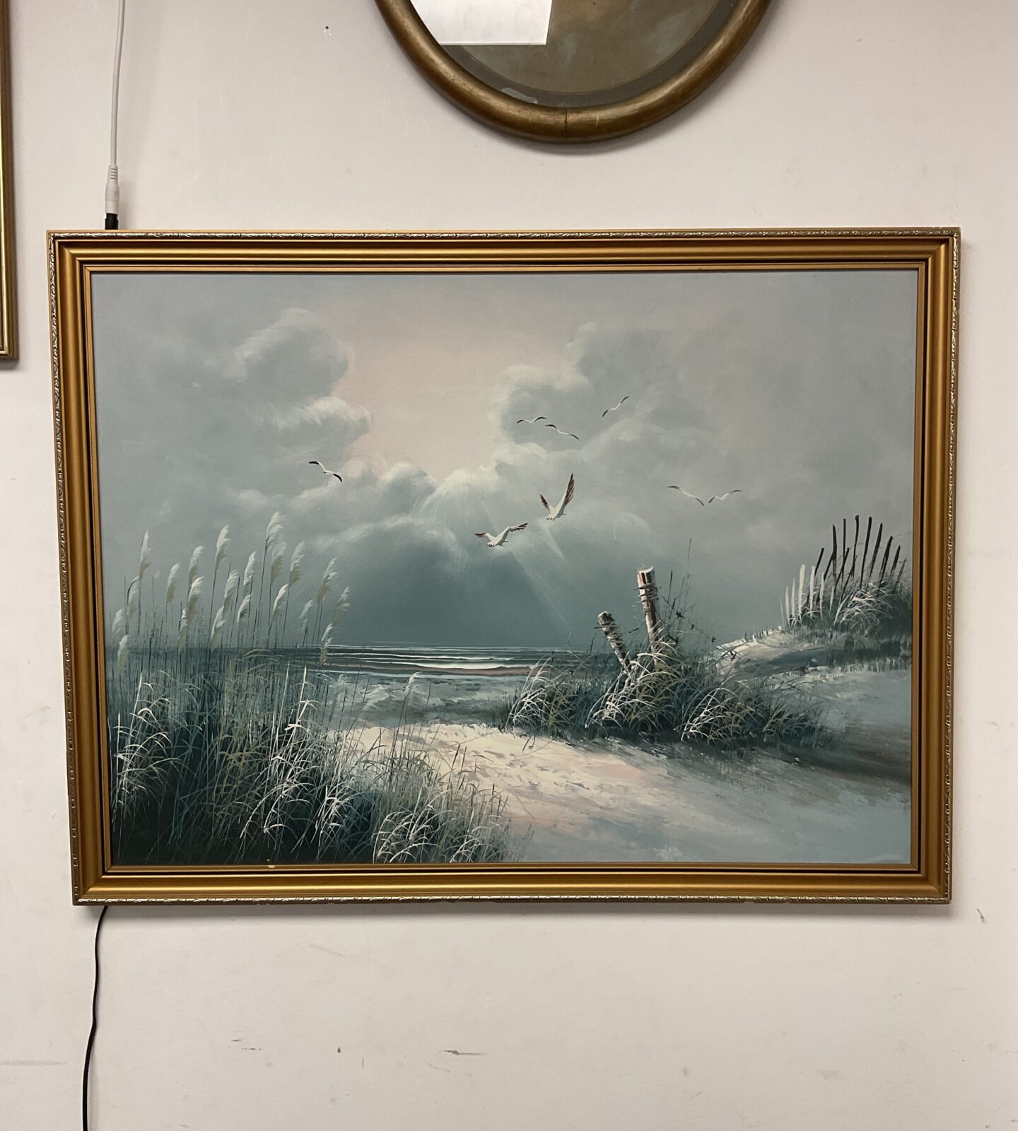 Original oil painting on board of a coastline with seagulls