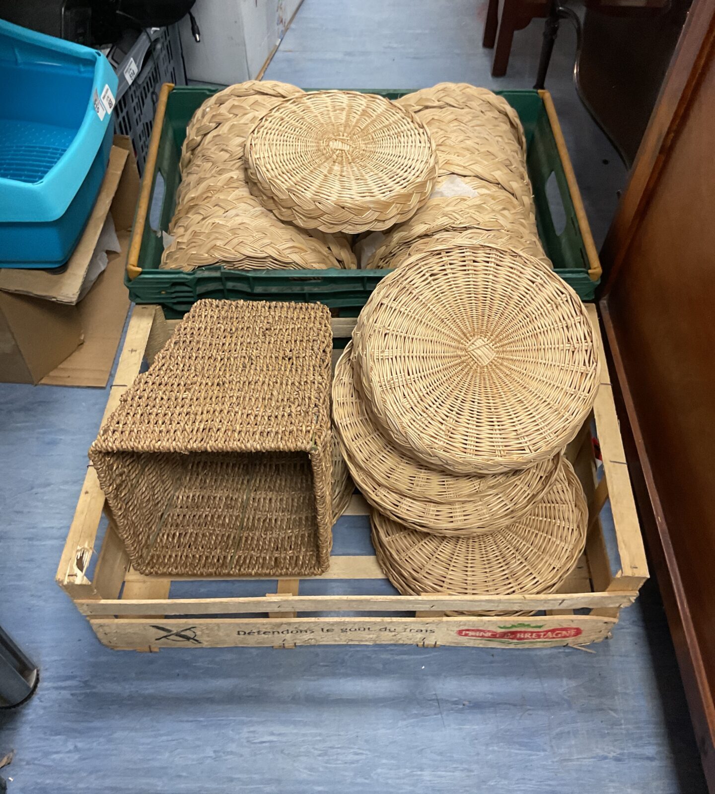 Two trays of wicker items imc trays and basket