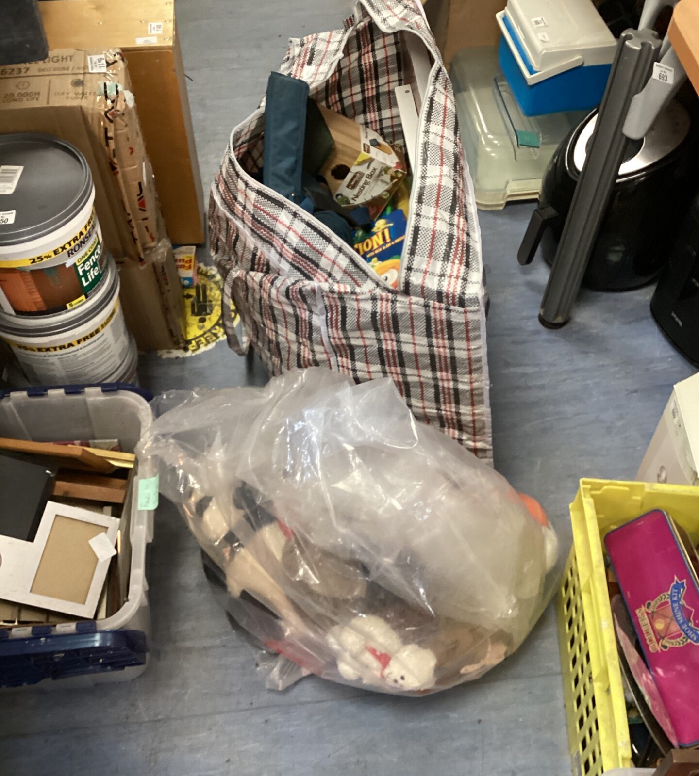 Bag of mixed house clearance inc new bird nesting box, bag of teddies & large london phone box print