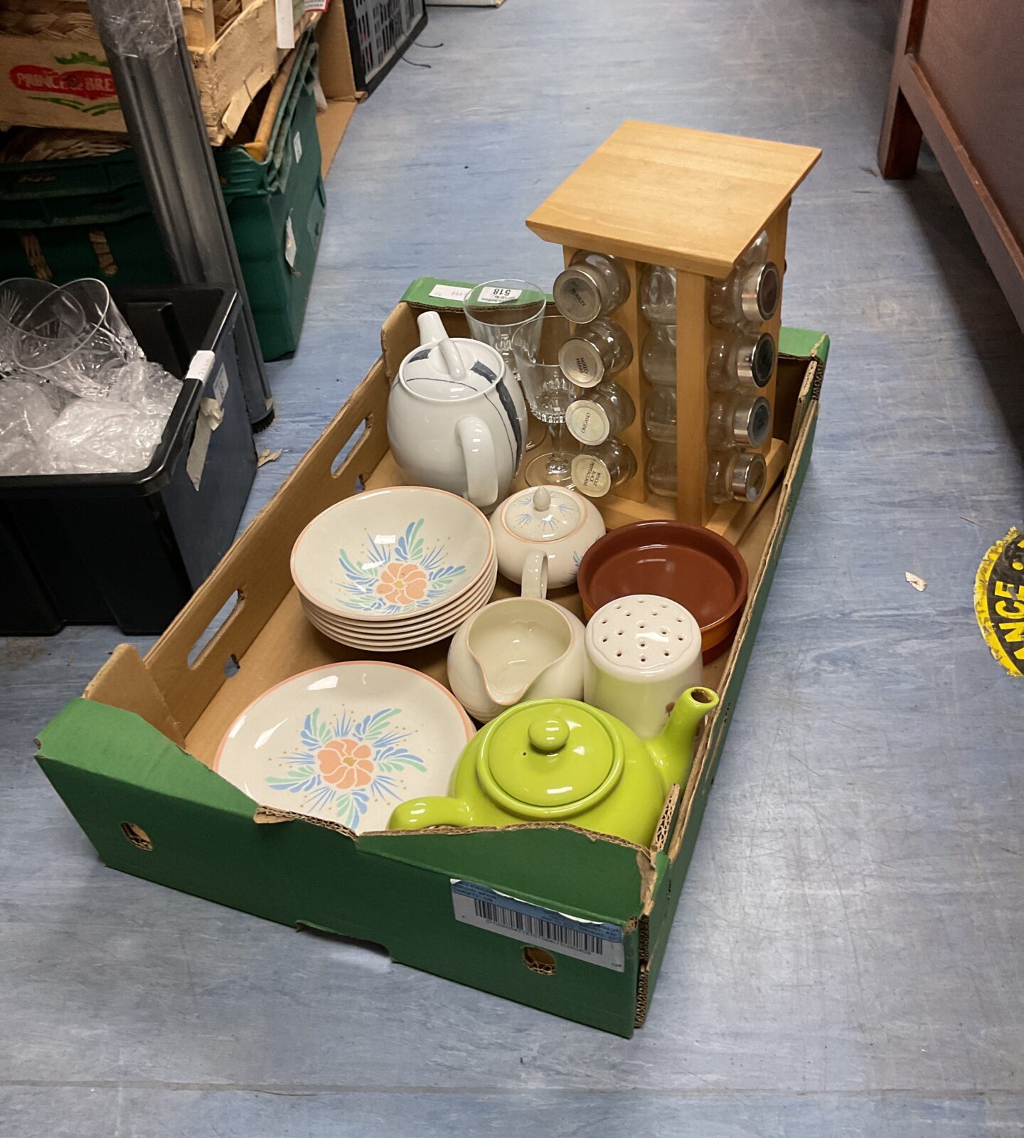 Crate of mixed inc poole china, denby teapot and rotating spice rack and other ceramics