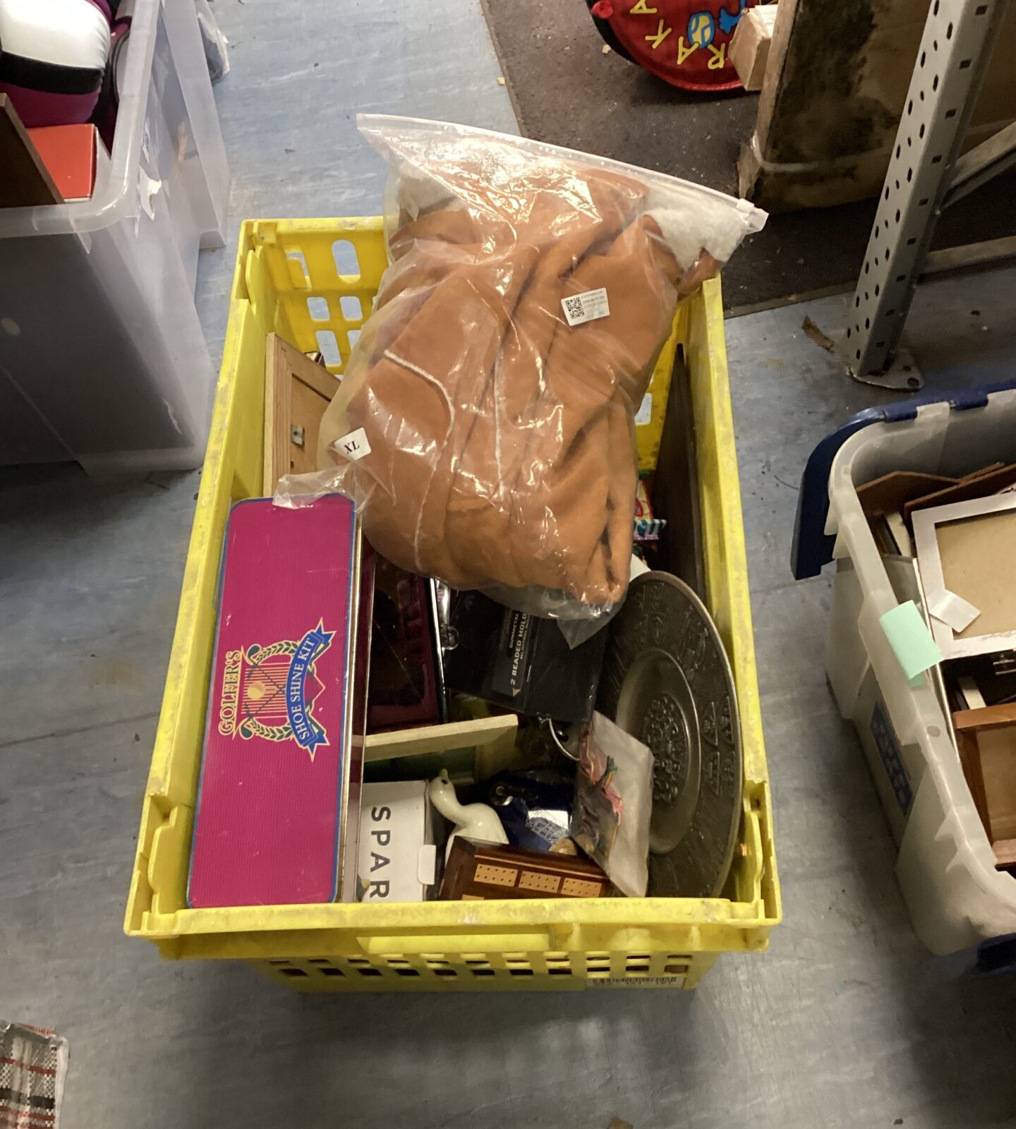 Yellow crate of mixed house clearance inc inc dell boy style jacket dressing gown