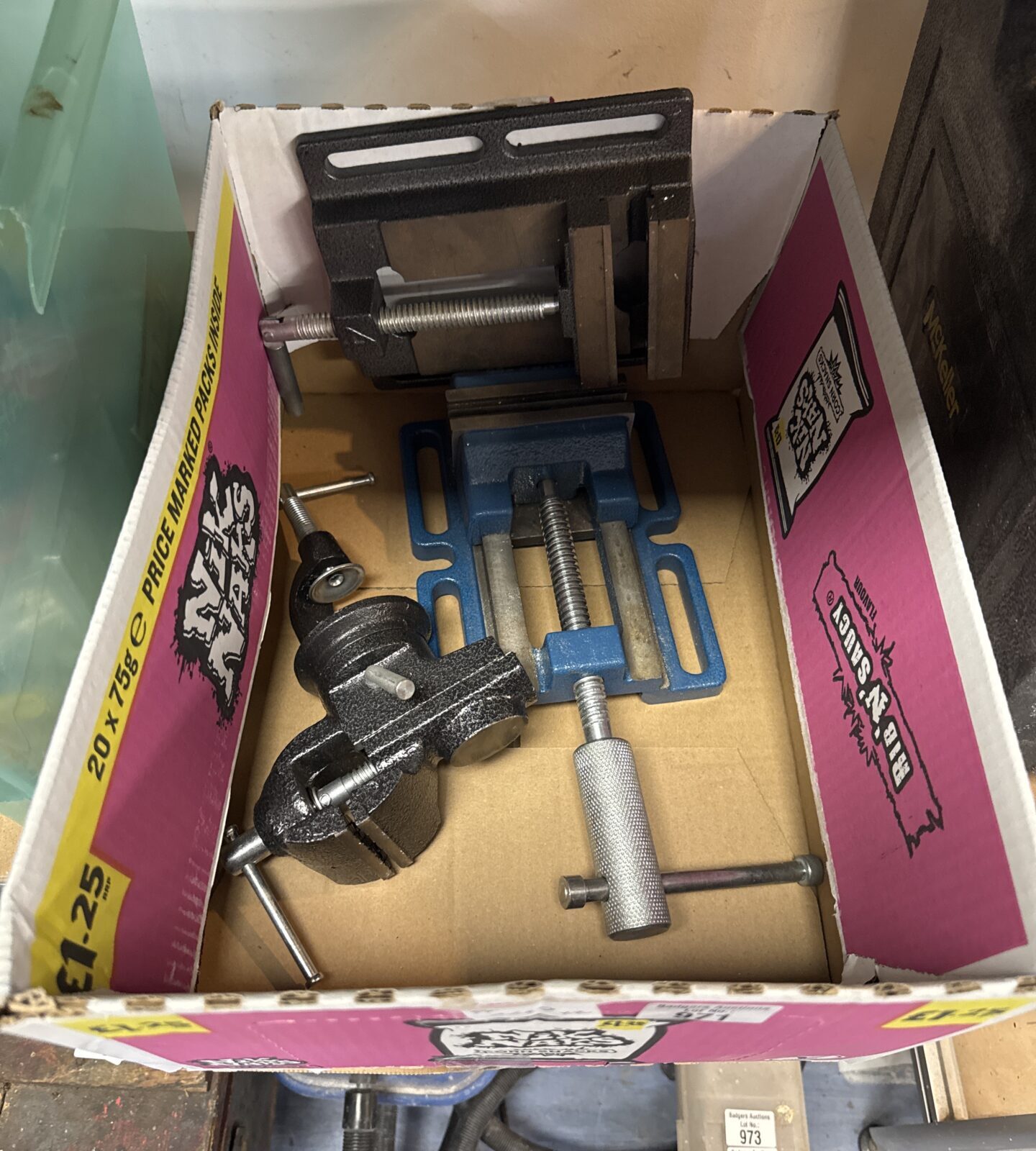 Two drill vices and clamp on bench vice
