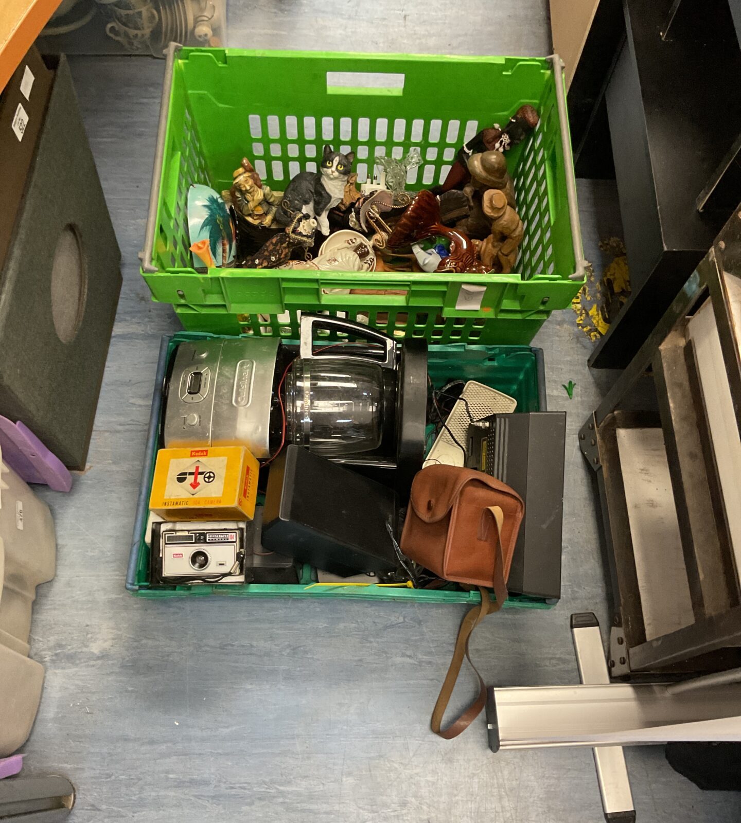 Two crates of mixed inc kodak camera, audio and mixed ceramics