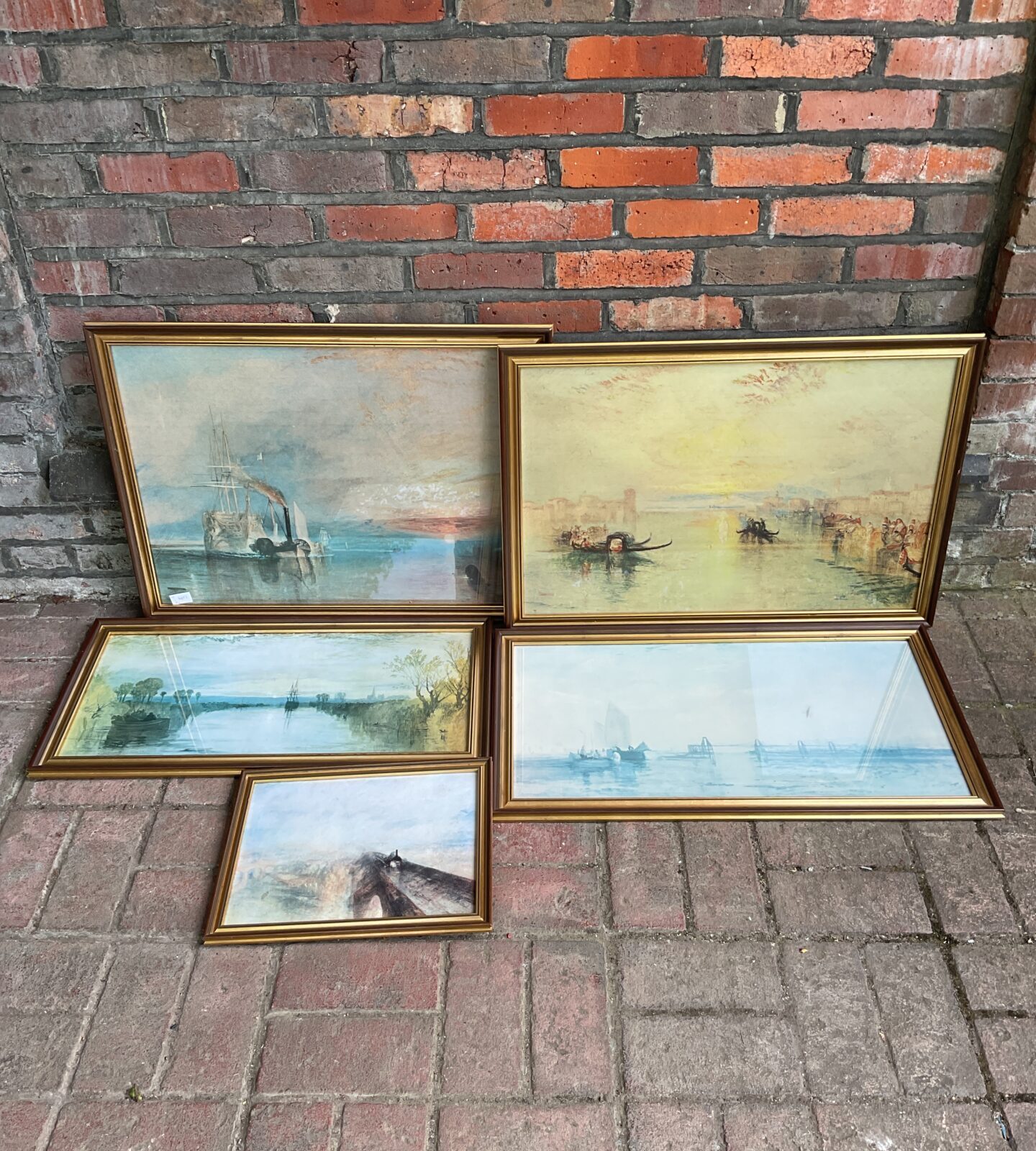 Five gilt framed landscape & marine prints