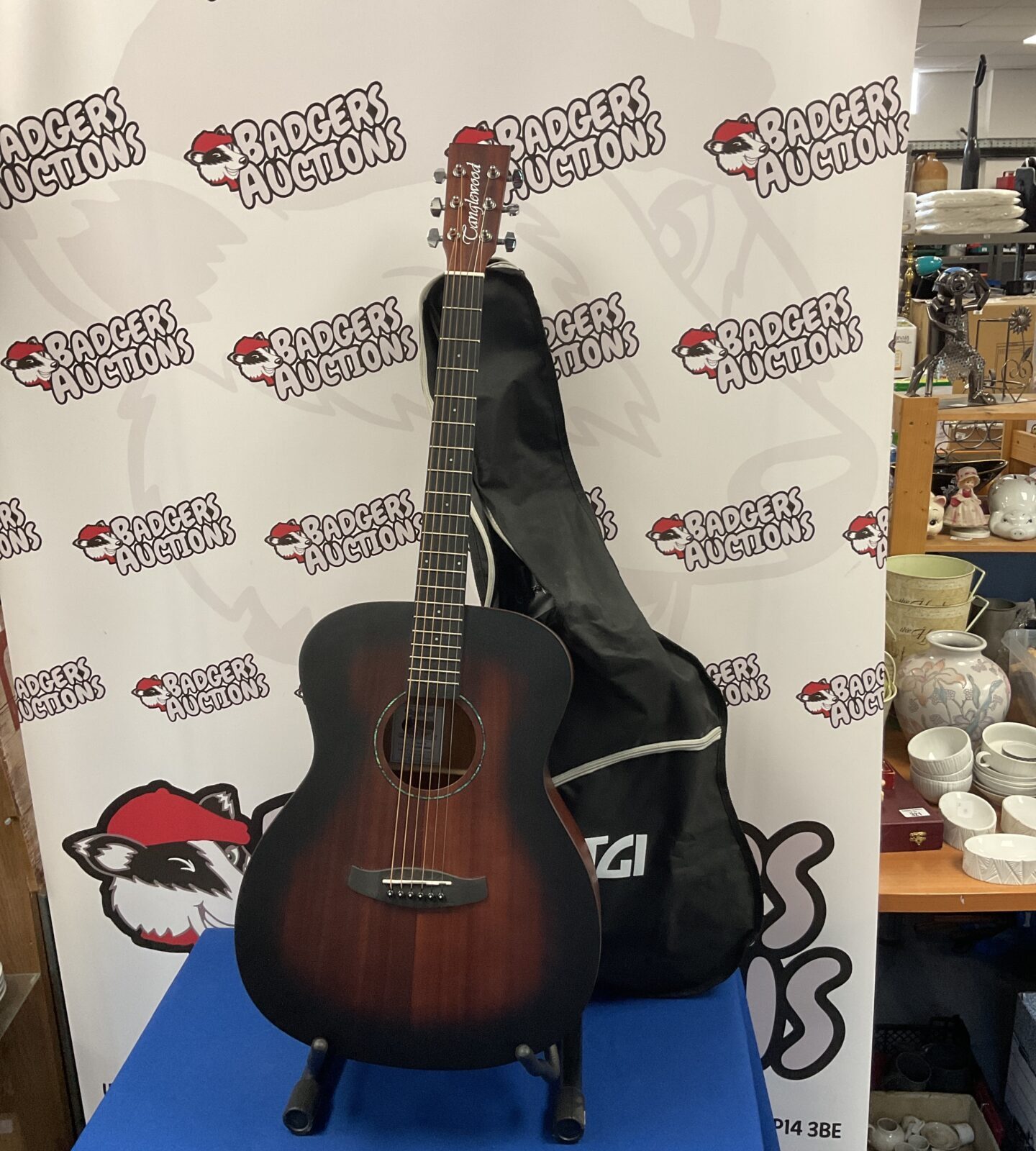 accoustic tanglewoods crossroads guitar with stand, tuning clip & bag