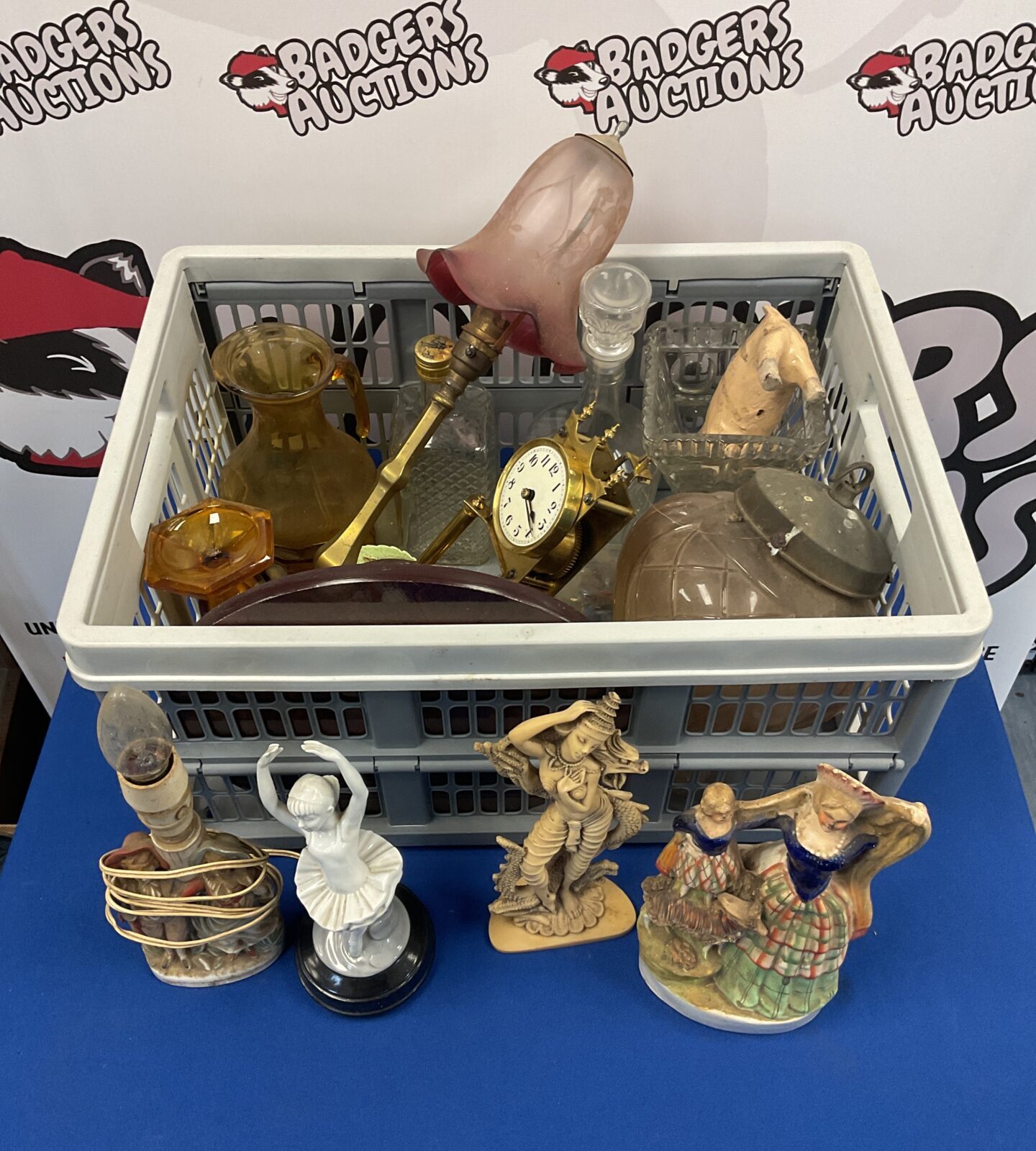 Box of mixed to include Staffordshire flatbacks & brass table lamp
