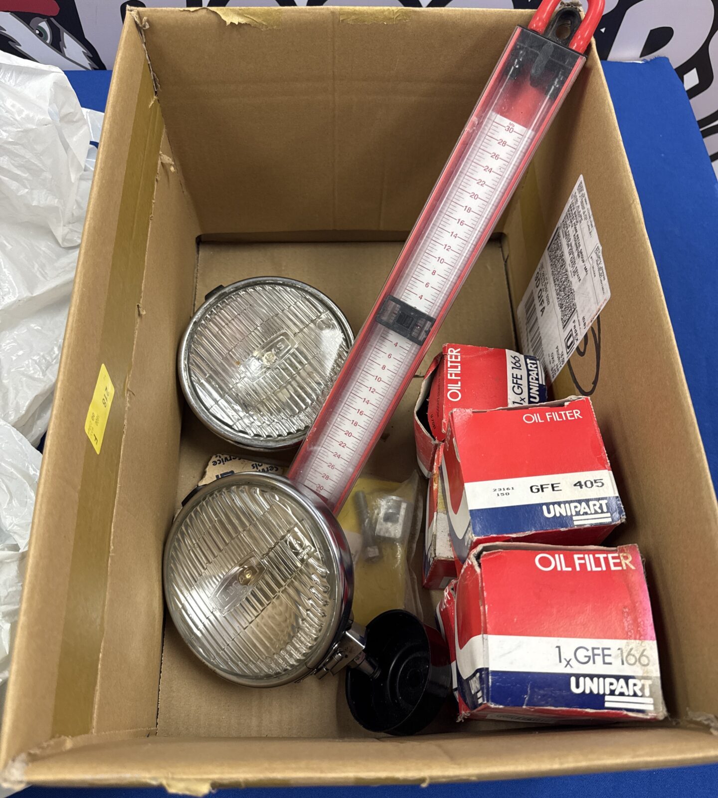 Box of garage clearance items inc pair of Lucas spot lamps