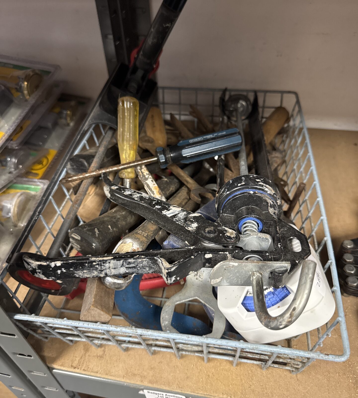 Basket of shed clearance items inc sealant guns & others