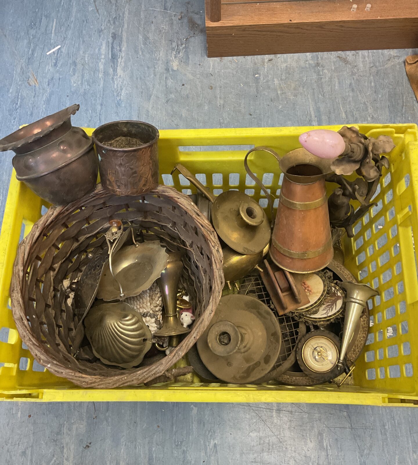Large box of brass, copper & silver plate