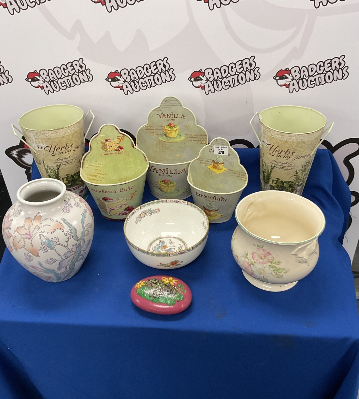 Quantity of metal flower planters and China pots inc Wedgewood kutani crane bowl