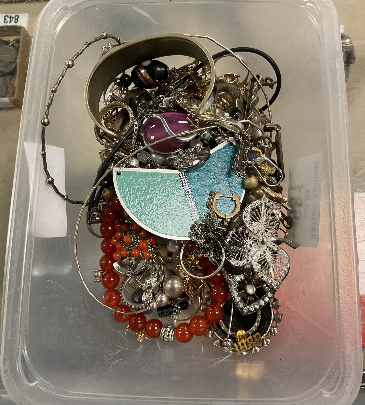 Tub of mixed costume jewellery inc some silver