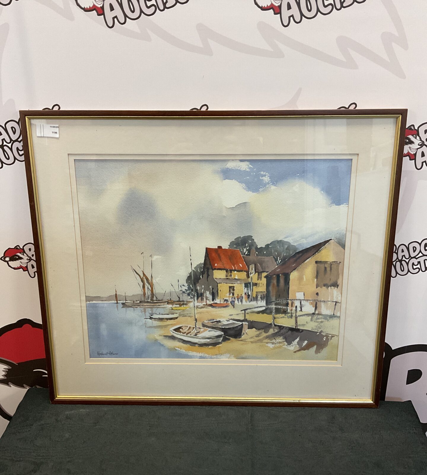 Michael holmes watercolour titled “beached boats, pin mill”