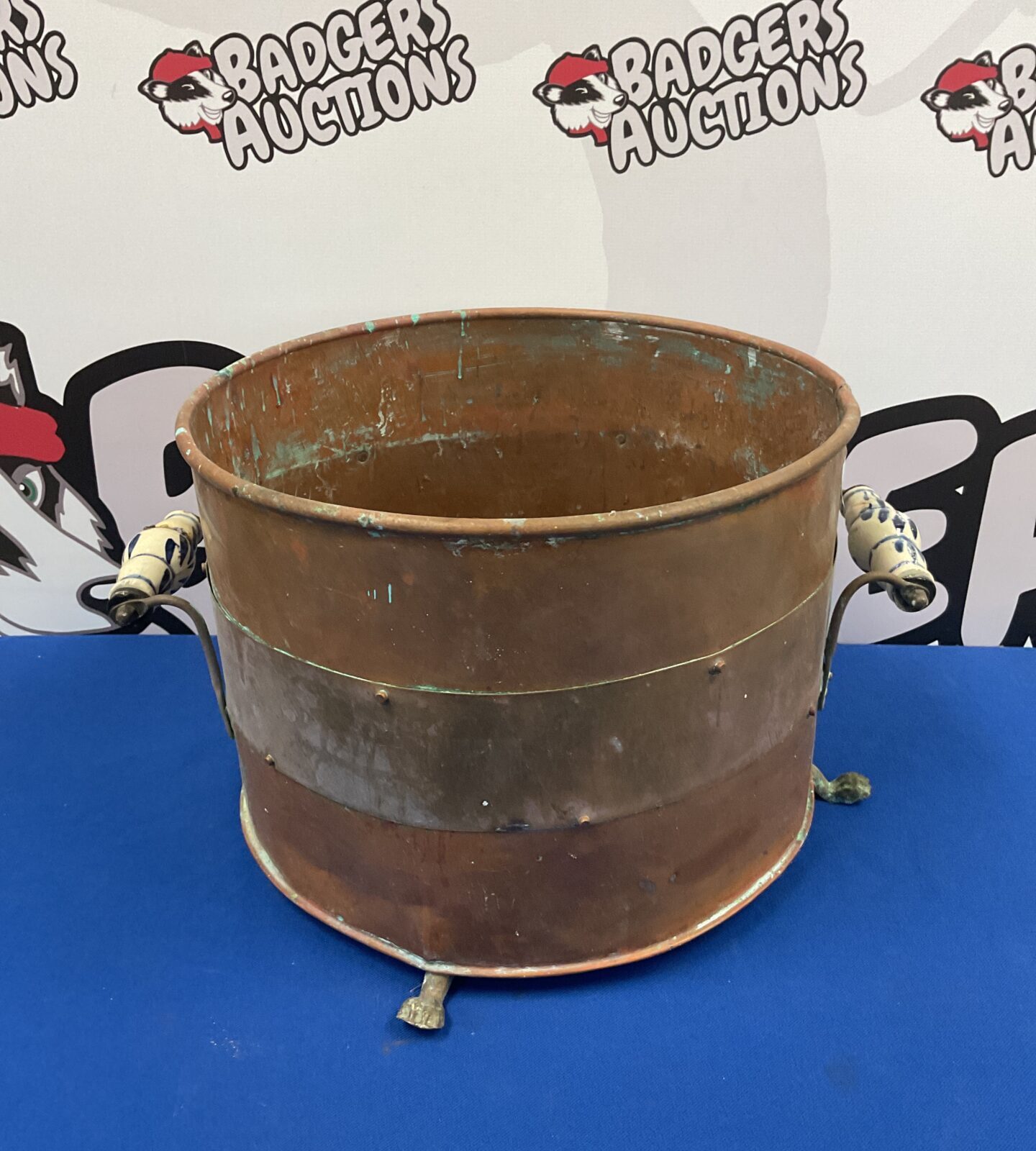 Antique copper bucket with blue & white porcelain handles