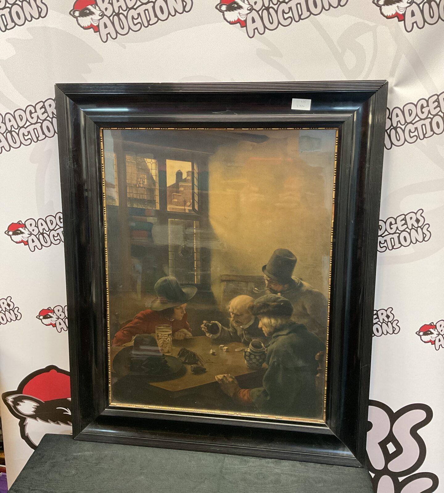 Claus meyer 1886 framed print depicting a group of men playing a dice game in a pub