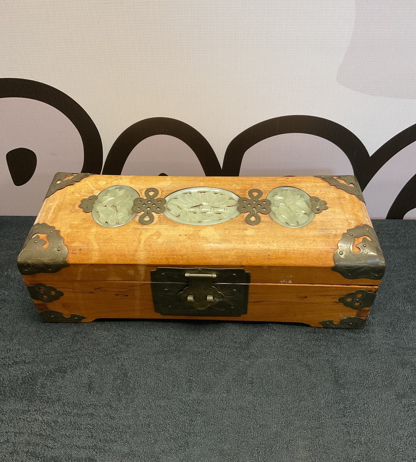Vintage Chinese jewellery casket inlaid with jade oval panels