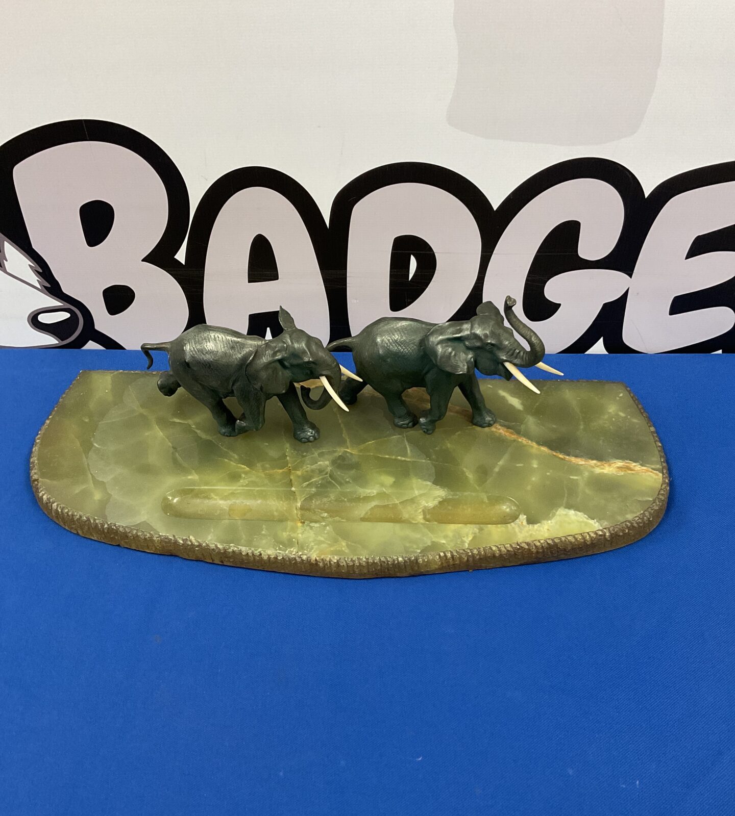 Vintage bronze elephants on green onyx pen tray
