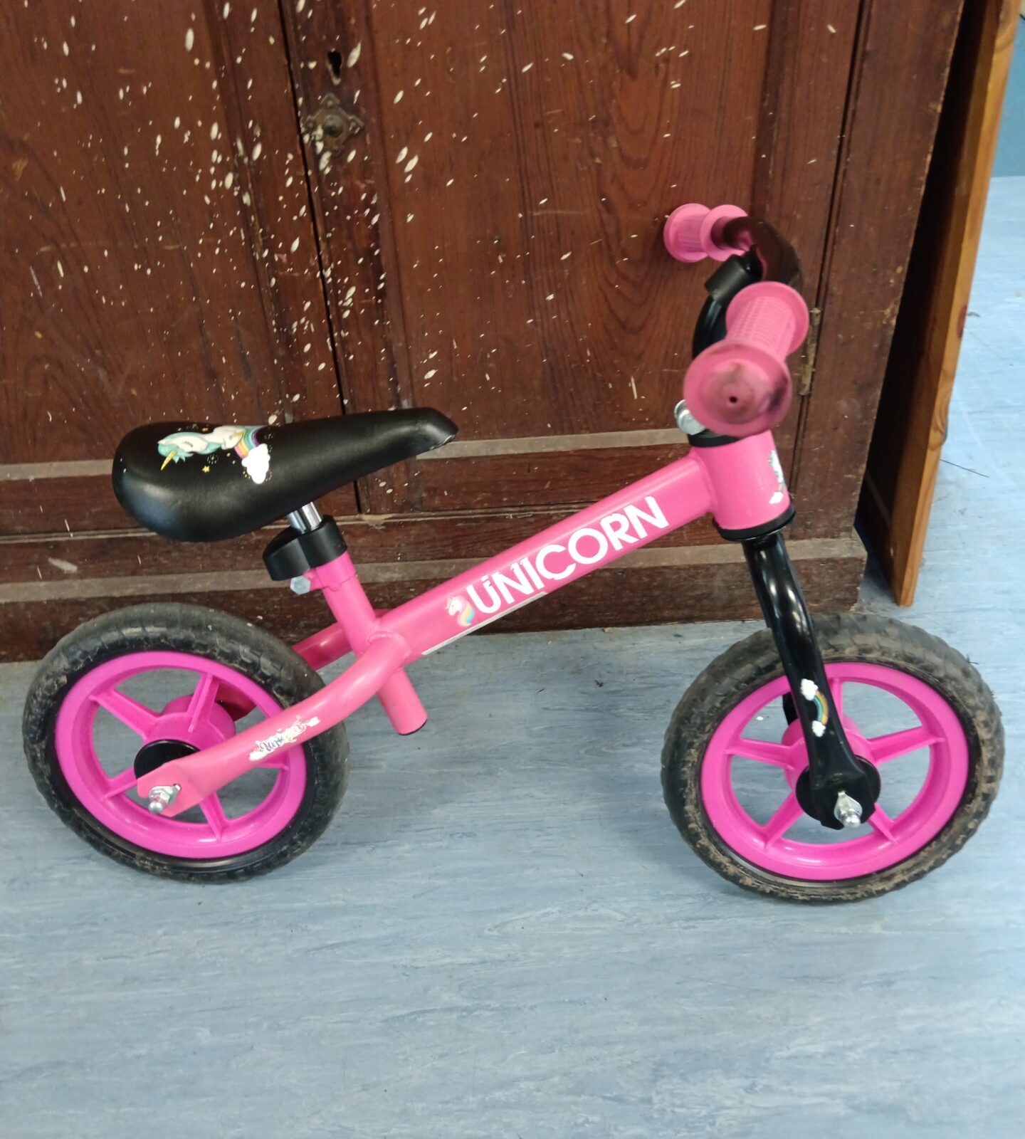 Pink unicorn child's balance bike