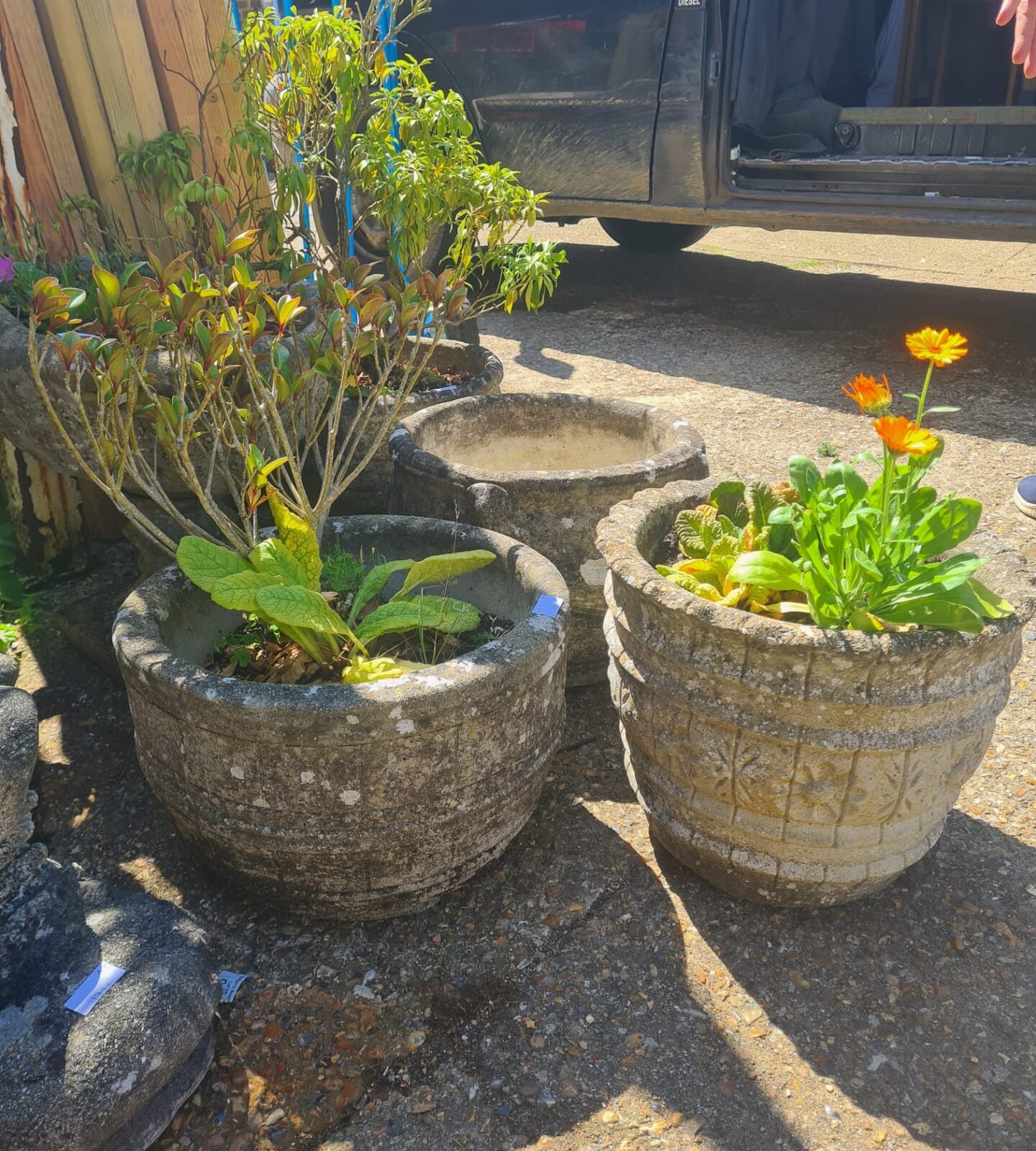 Two stone garden planters