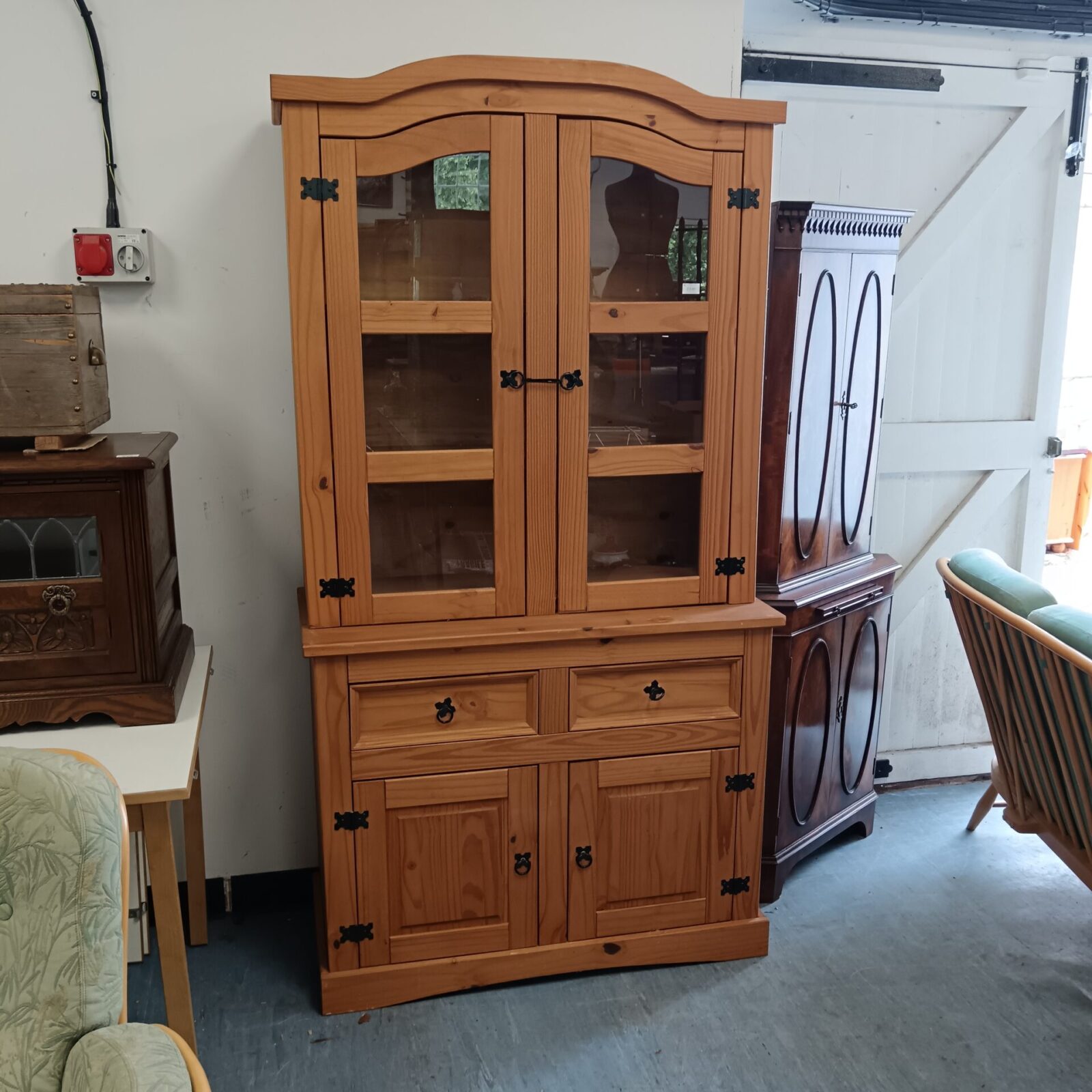 Pine glass fronted display cabinet 76” x 41” x 19”