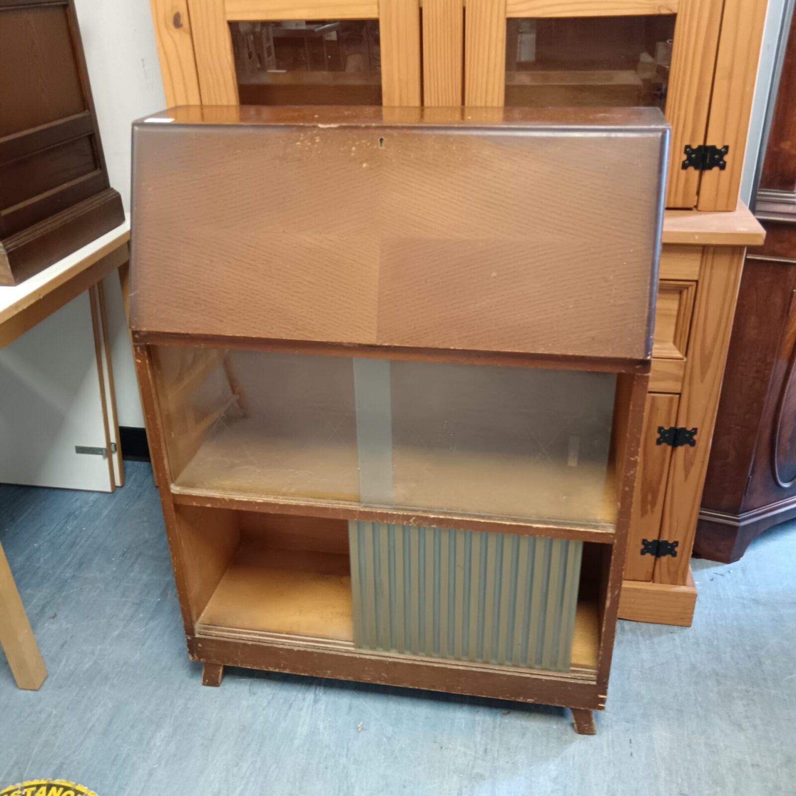 Vintage glass fronted writing cabinet