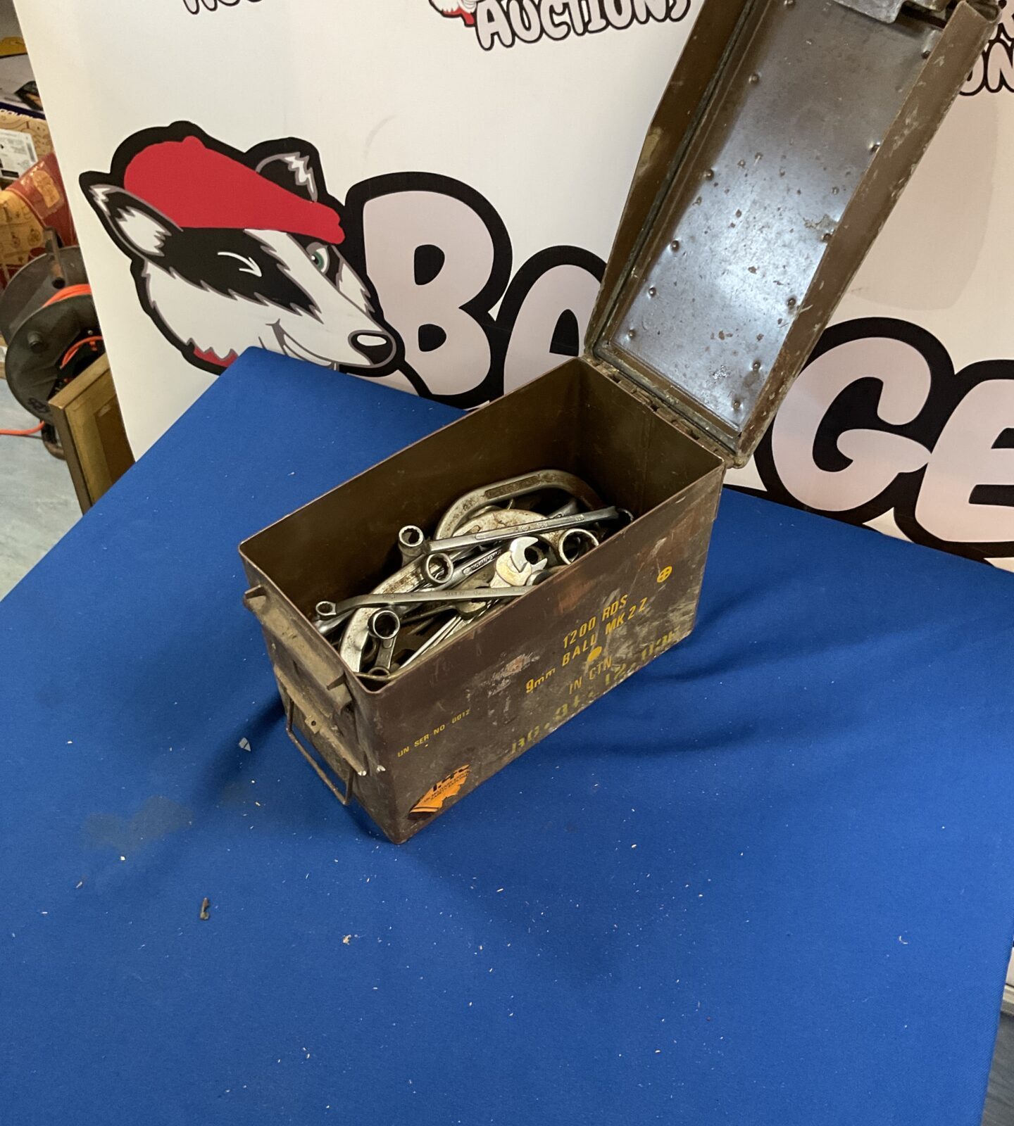 Vintage ammo tin full of mixed spanners