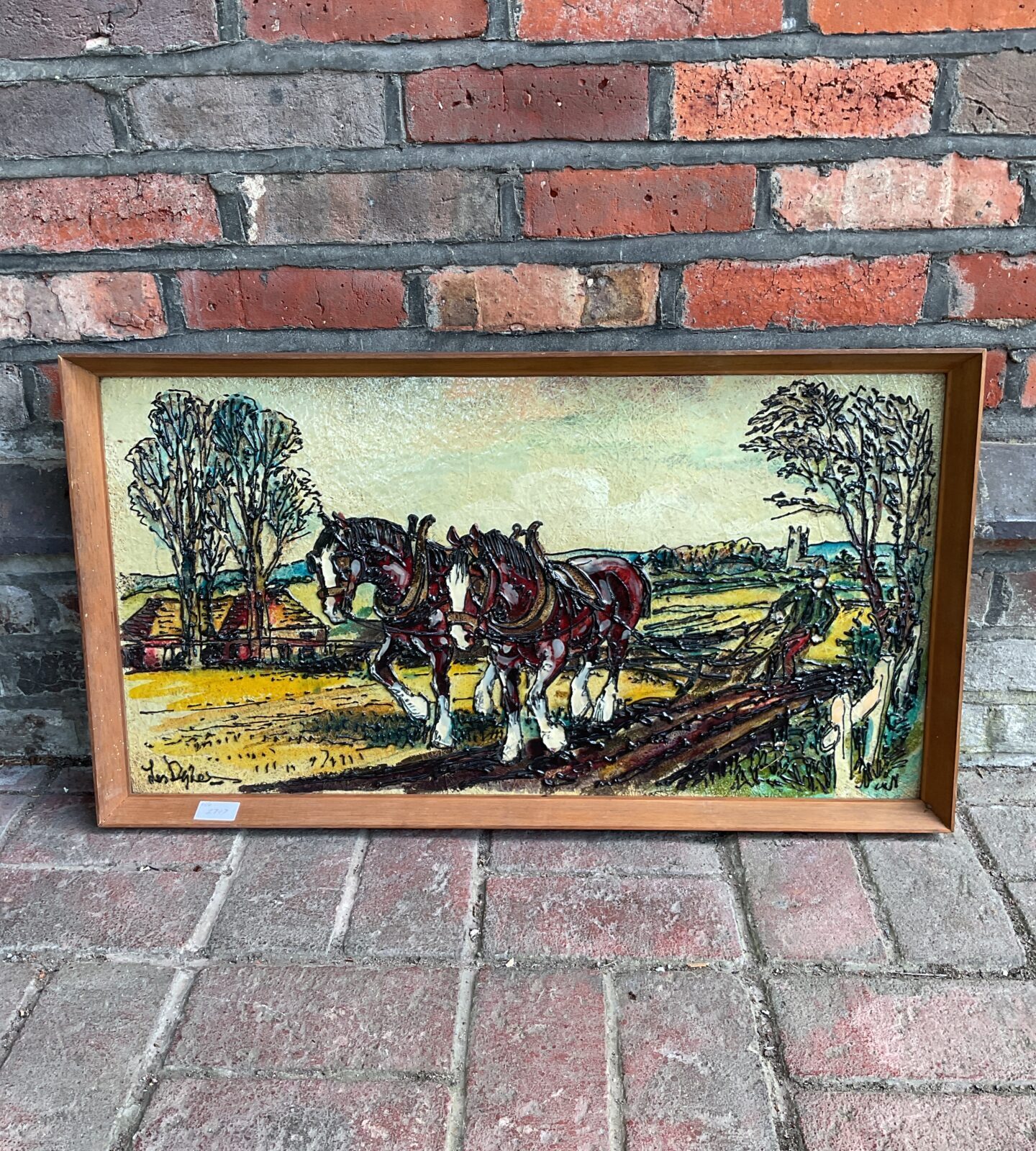 Les dyke signed fibreglass artwork of horses ploughing
