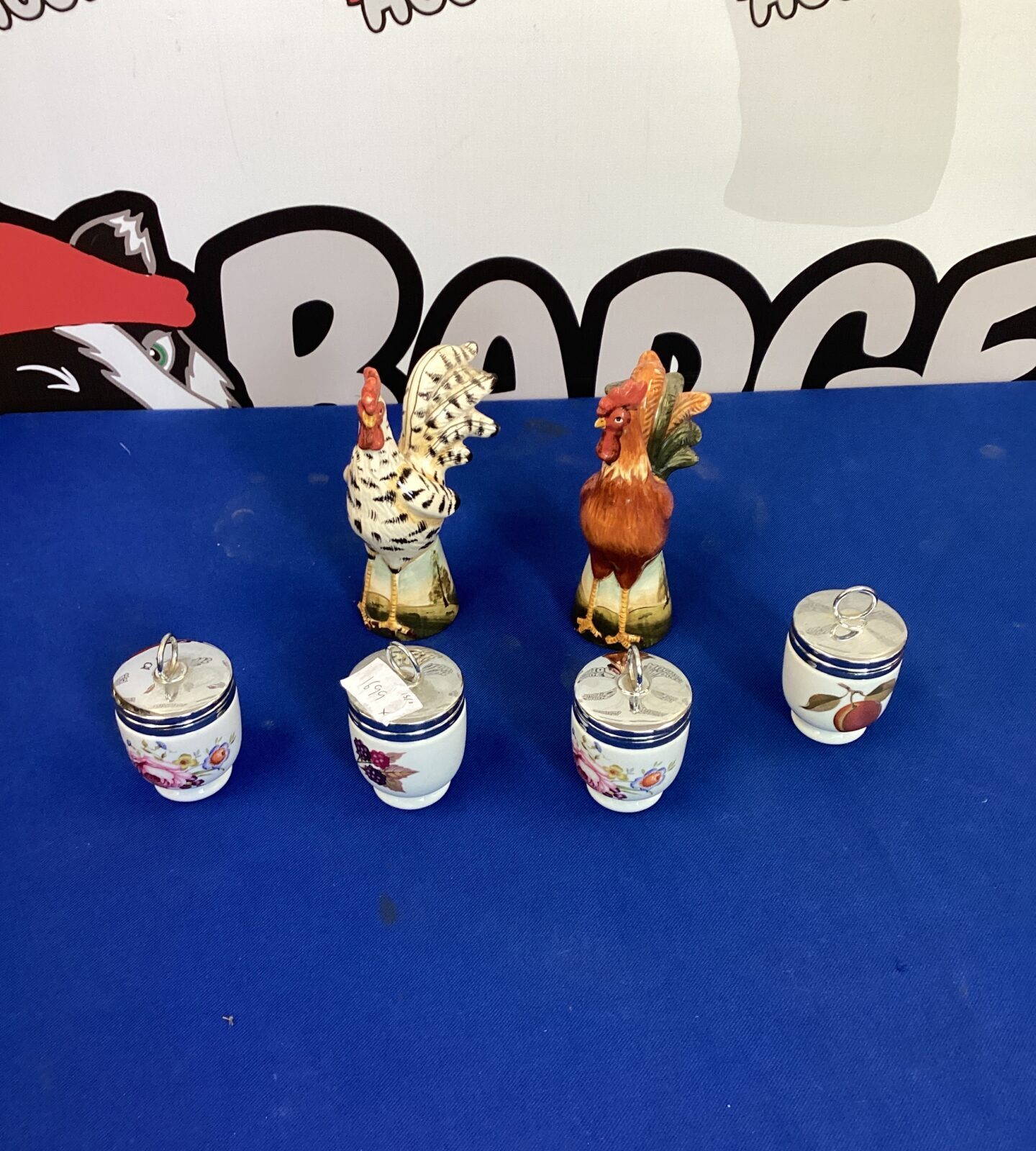 Four Royal Worcester Egg Coddlers and Chicken Salt and Pepper Pots
