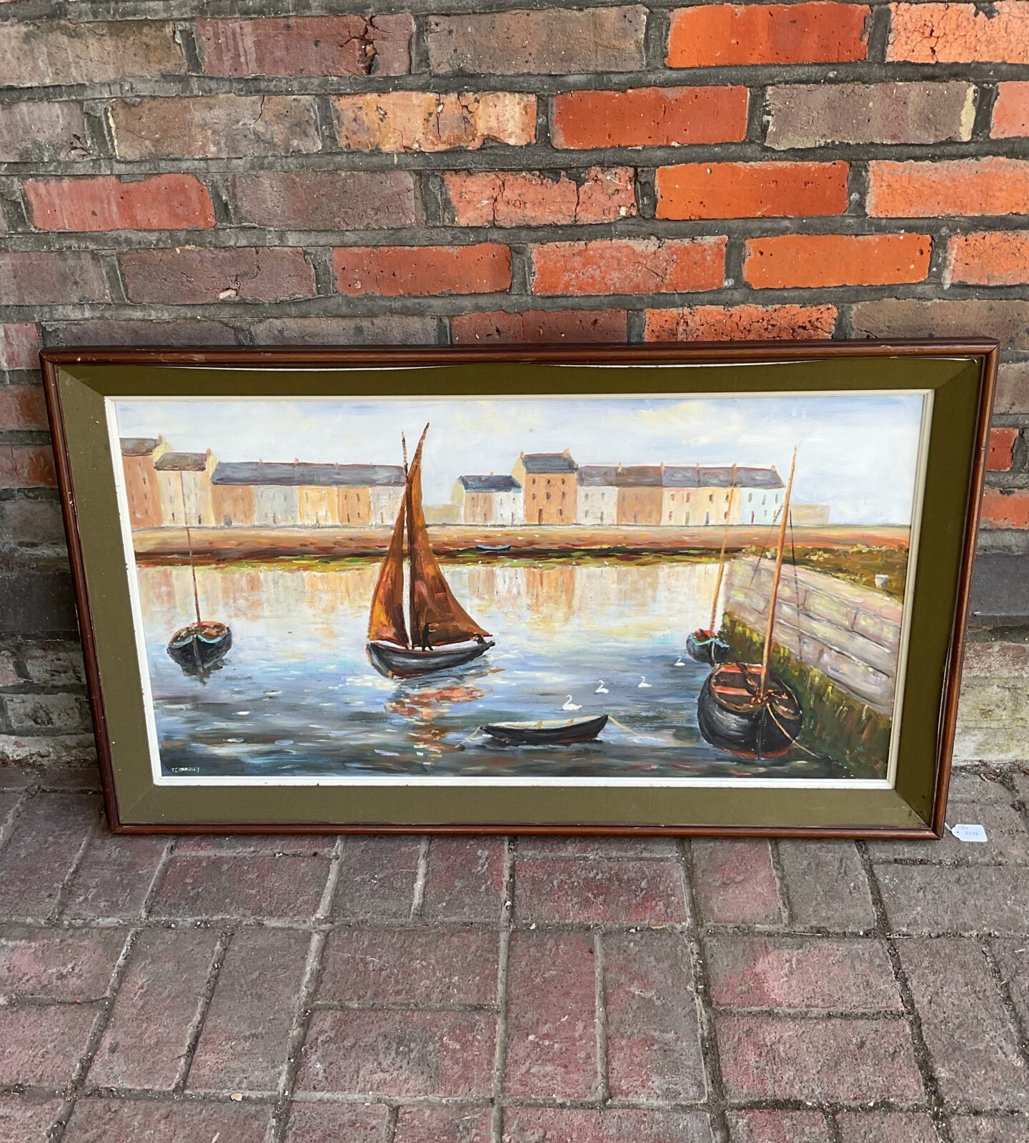 T connelly oil on board of sail boats in dock