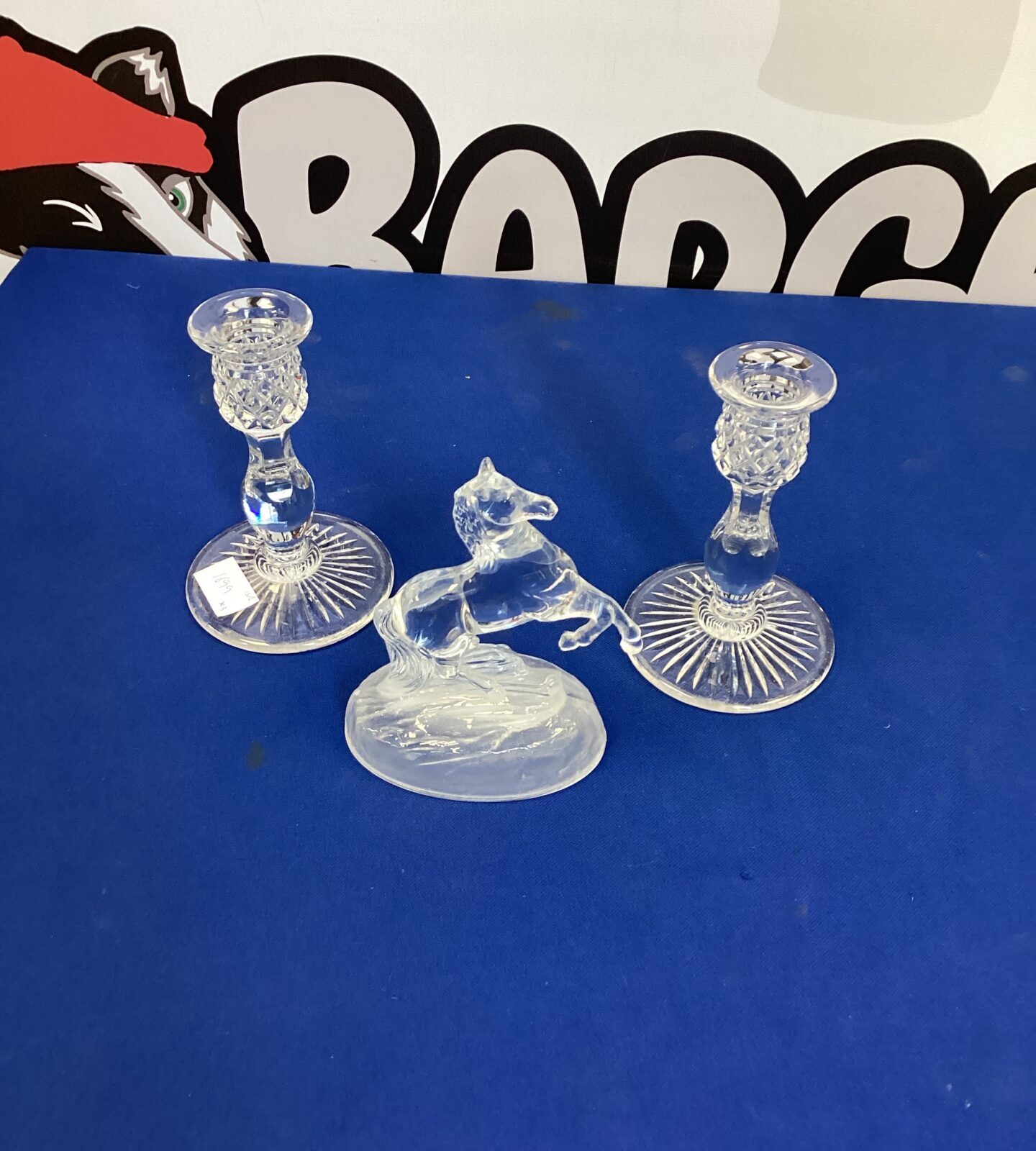 Two cut glass Candle Sticks with horse figurine