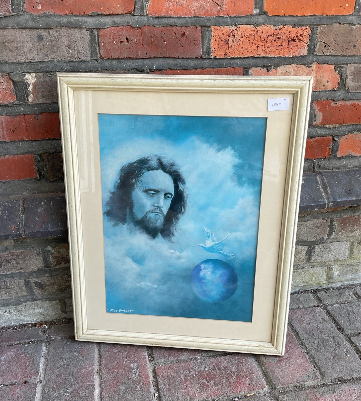 John barber framed oil painting of jesus with dove