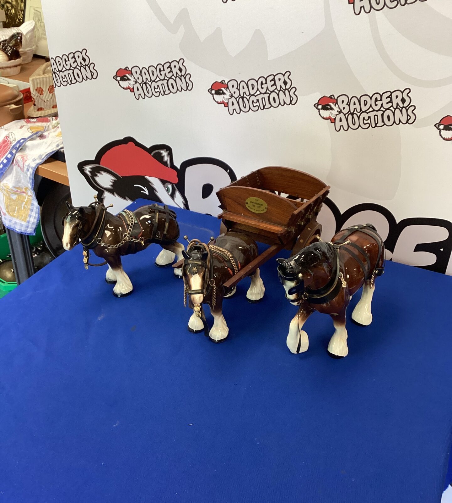 Three Porcelain Shire Horse Figurines with Cart