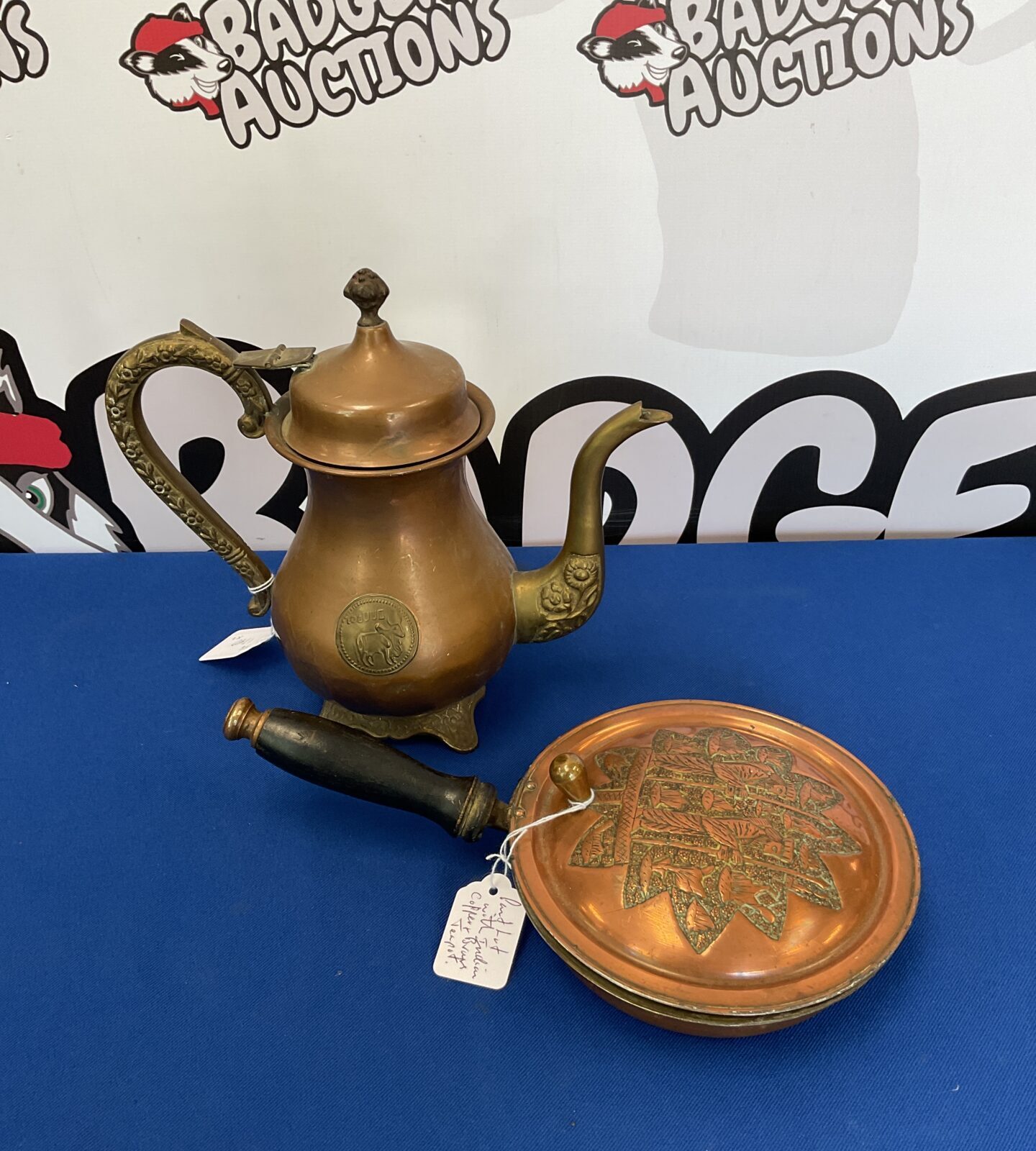Indian copper & brass teapot with small copper bed warmer