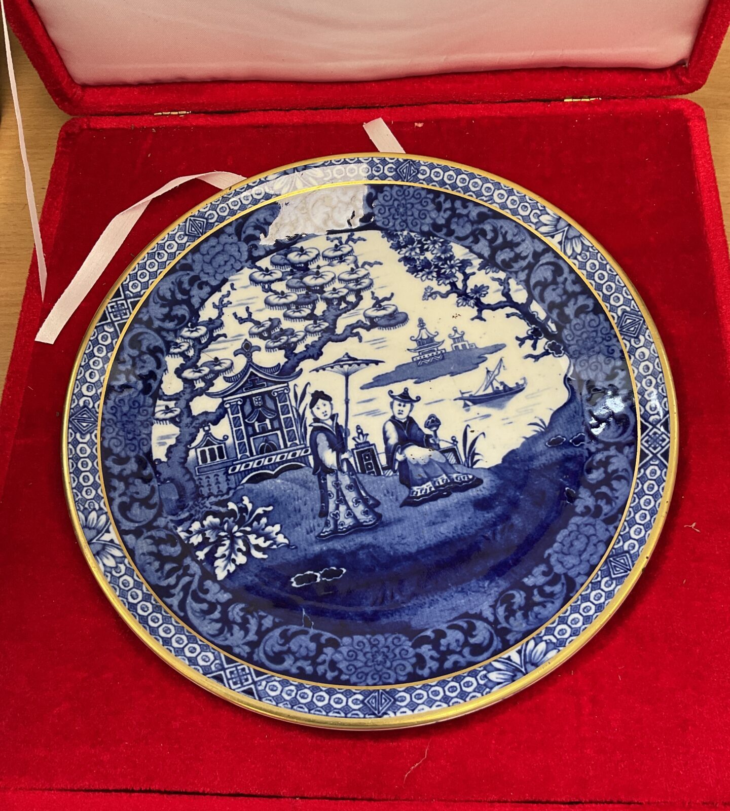 Blue & white Chinese plate in display case