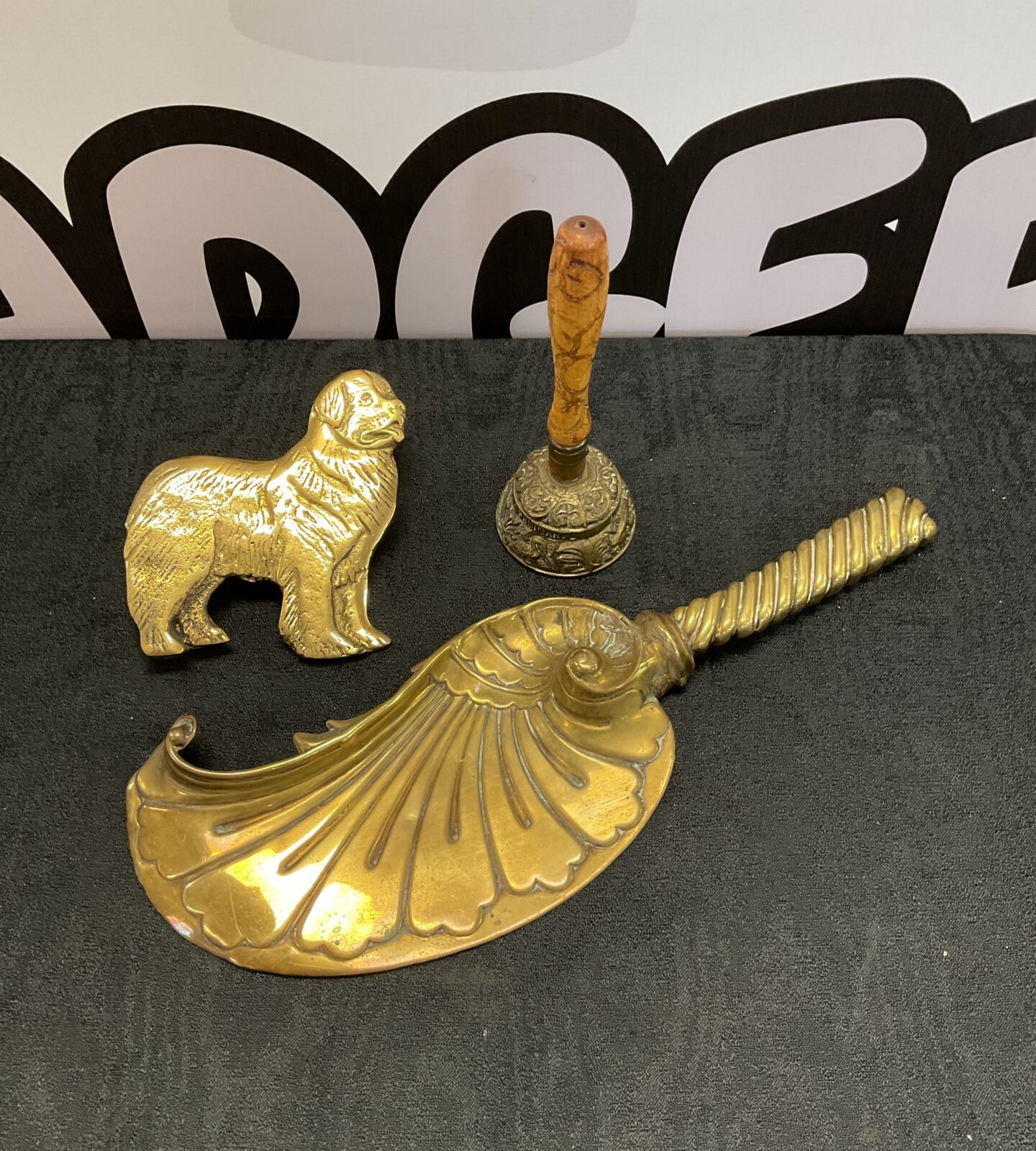 Vintage brass crumb tray, bell and st Bernard brass dog