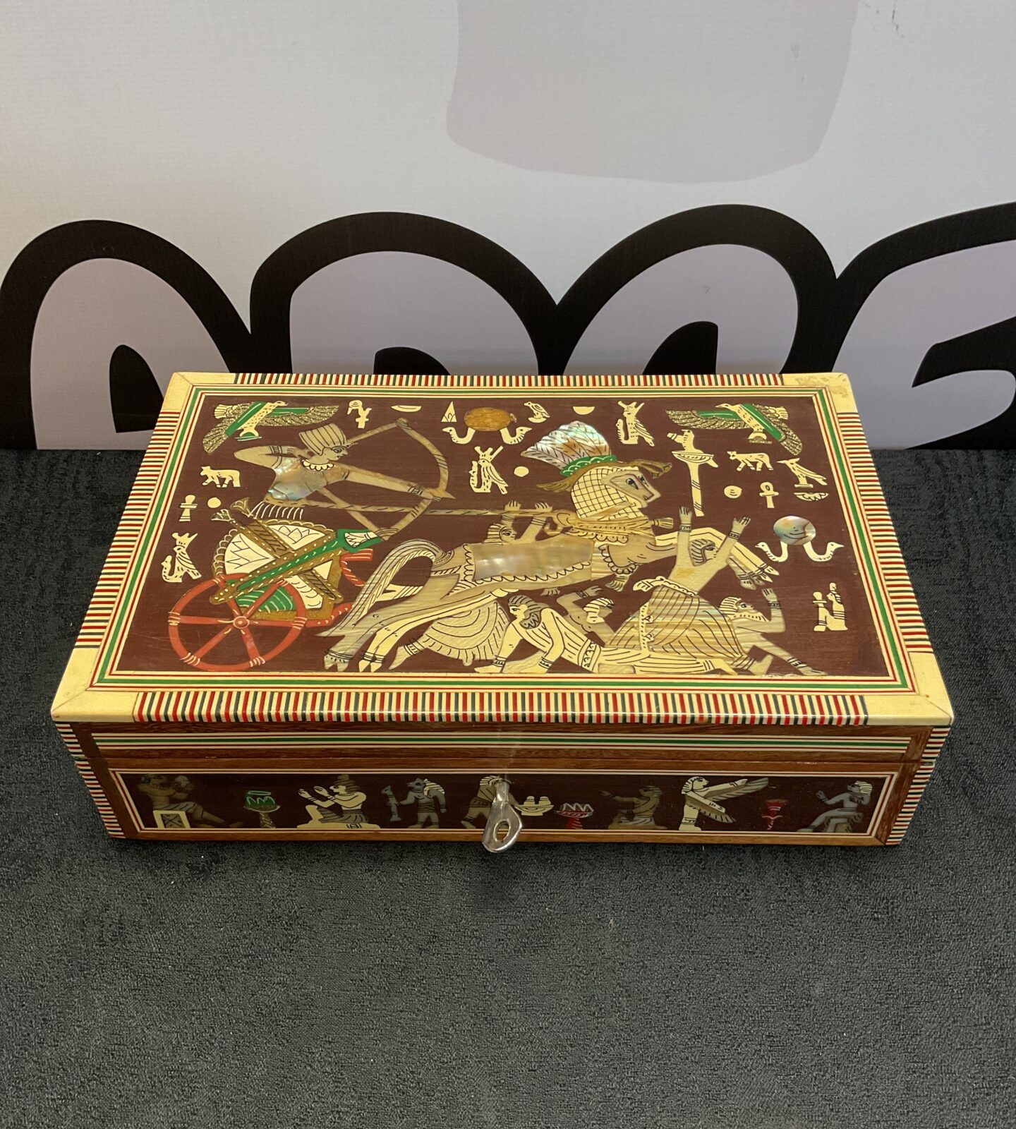 Egyptian inlaid marquetry jewellery box