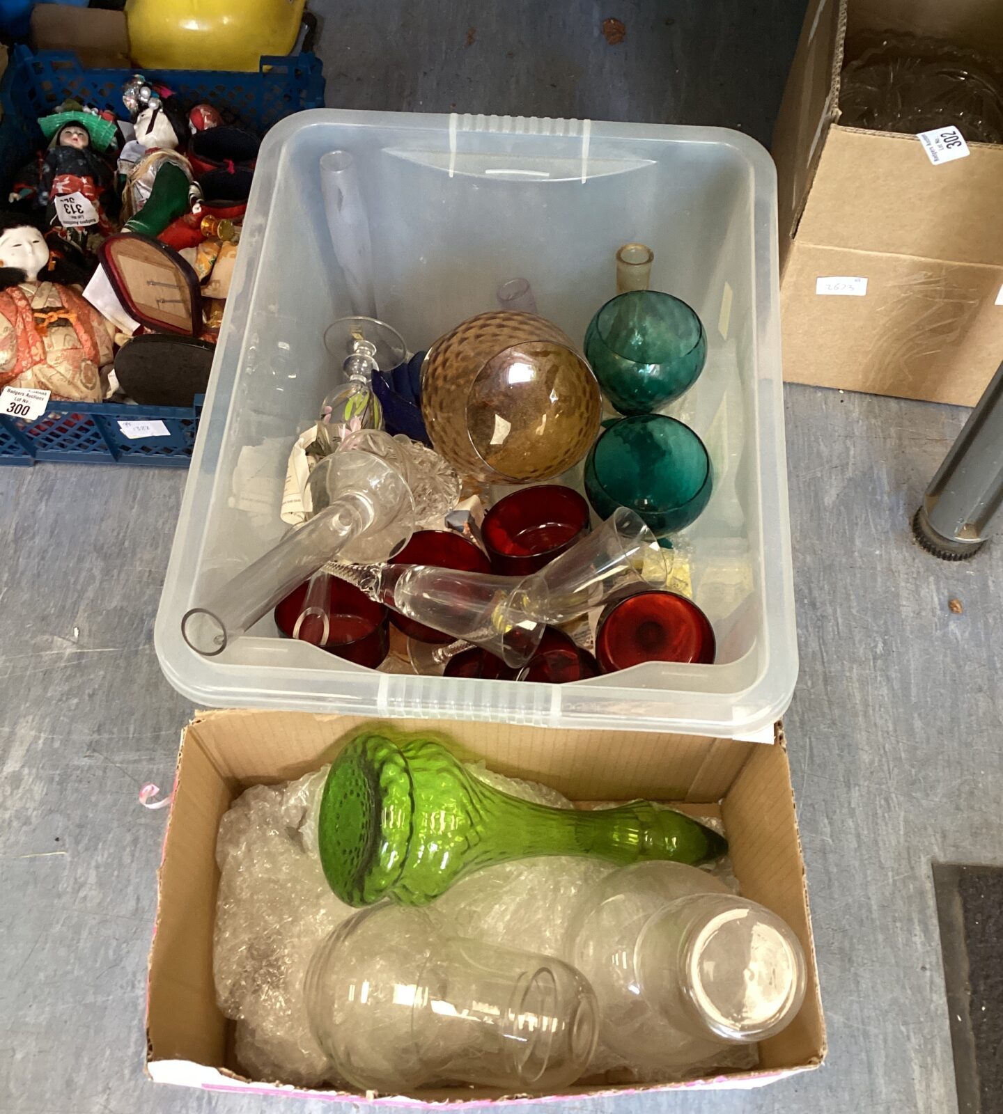 Two boxes of mixed glassware inc vases