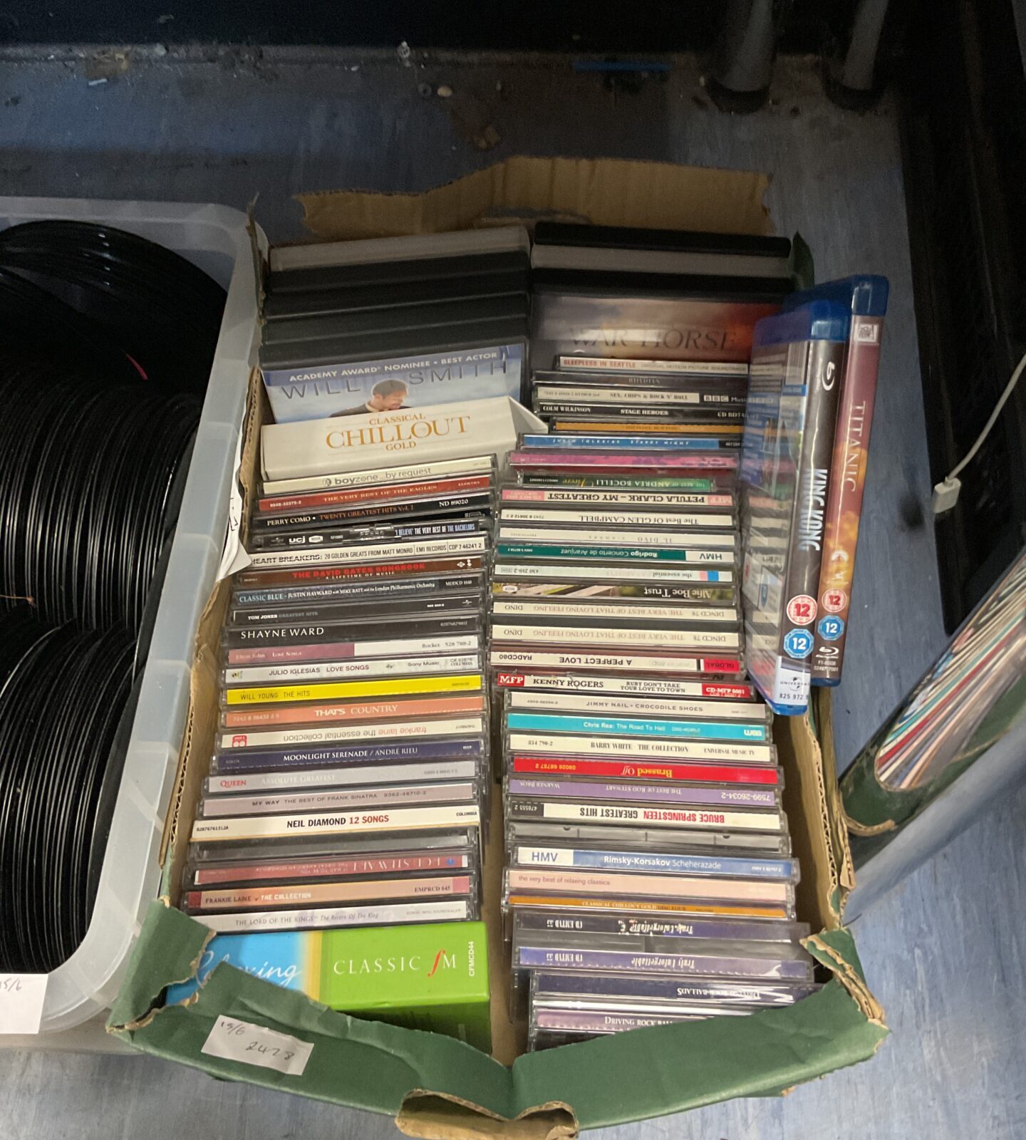 Box of music cds, dvds & blurays