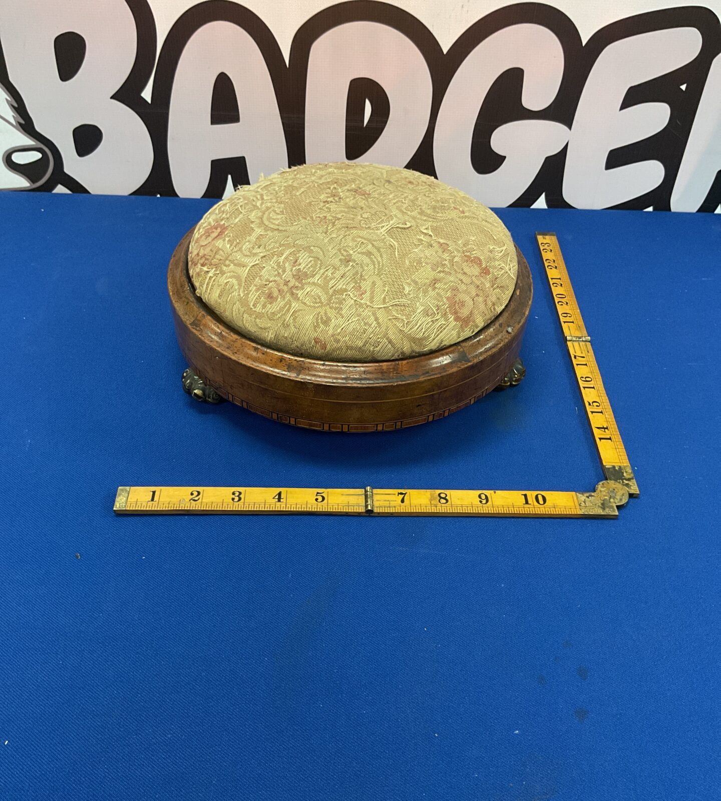 Antique small round tapestry footstool