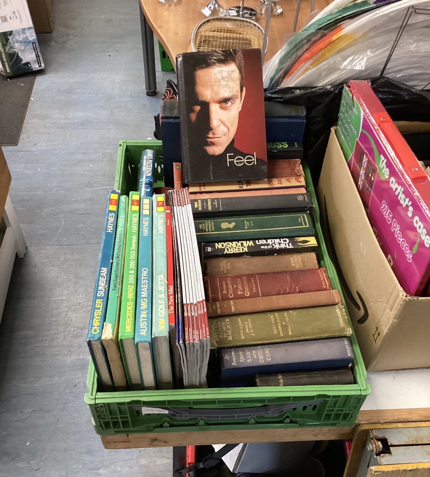 Crate of mixed books inc robbie williams feel & haynes manuals