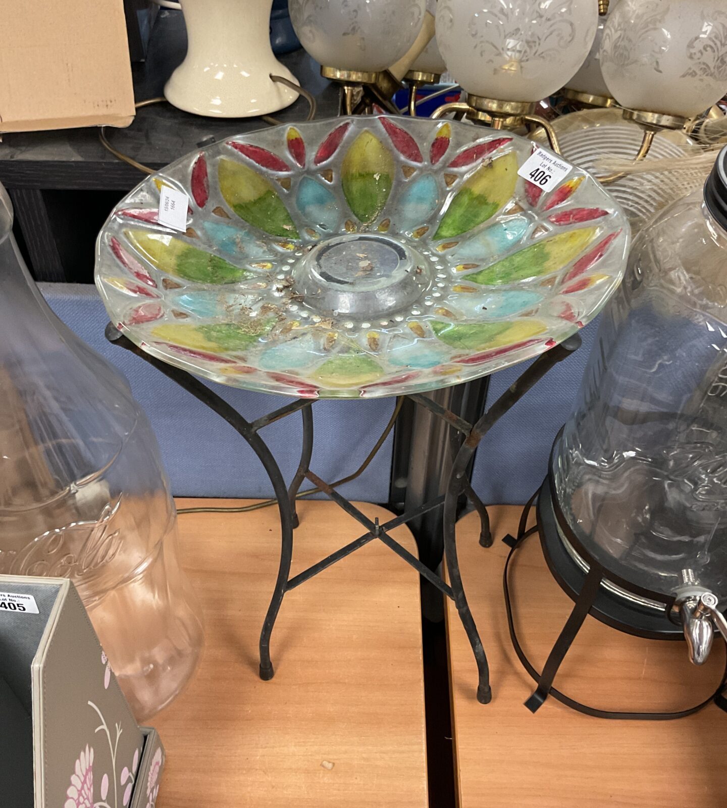 Vintage glass bird bath on stand