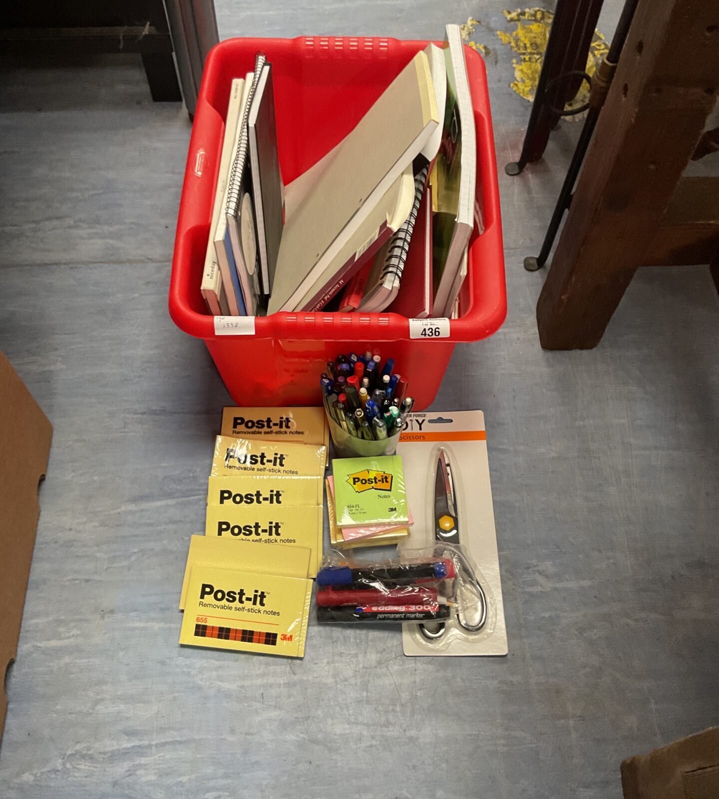 Box of mixed officeware and stationary inc notepads, new post it notes, new scissors and pens