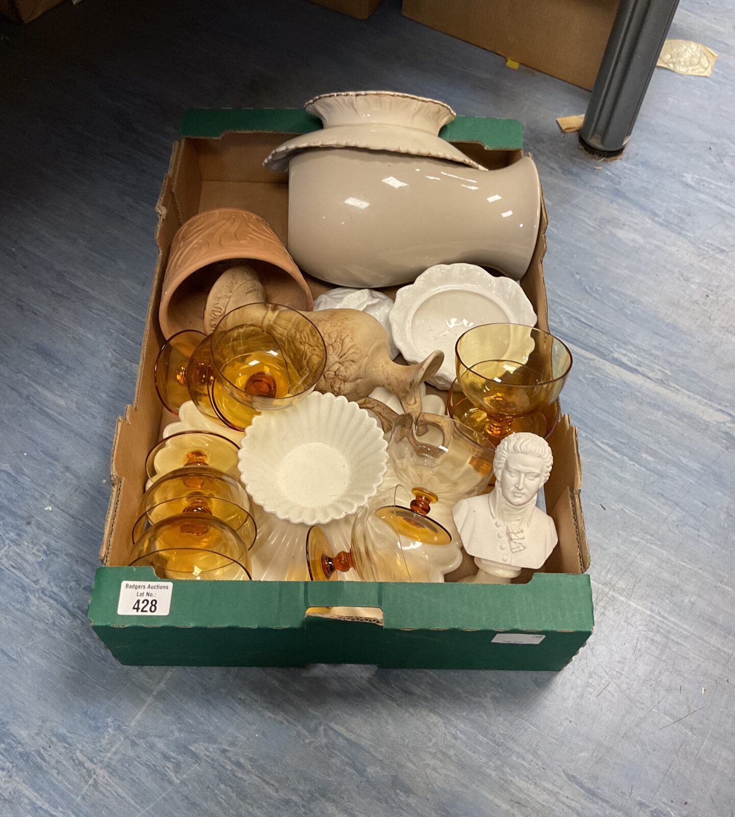 Box of mixed glassware and ceramics inc hampton and wolfgang amadeus mozart signed bust