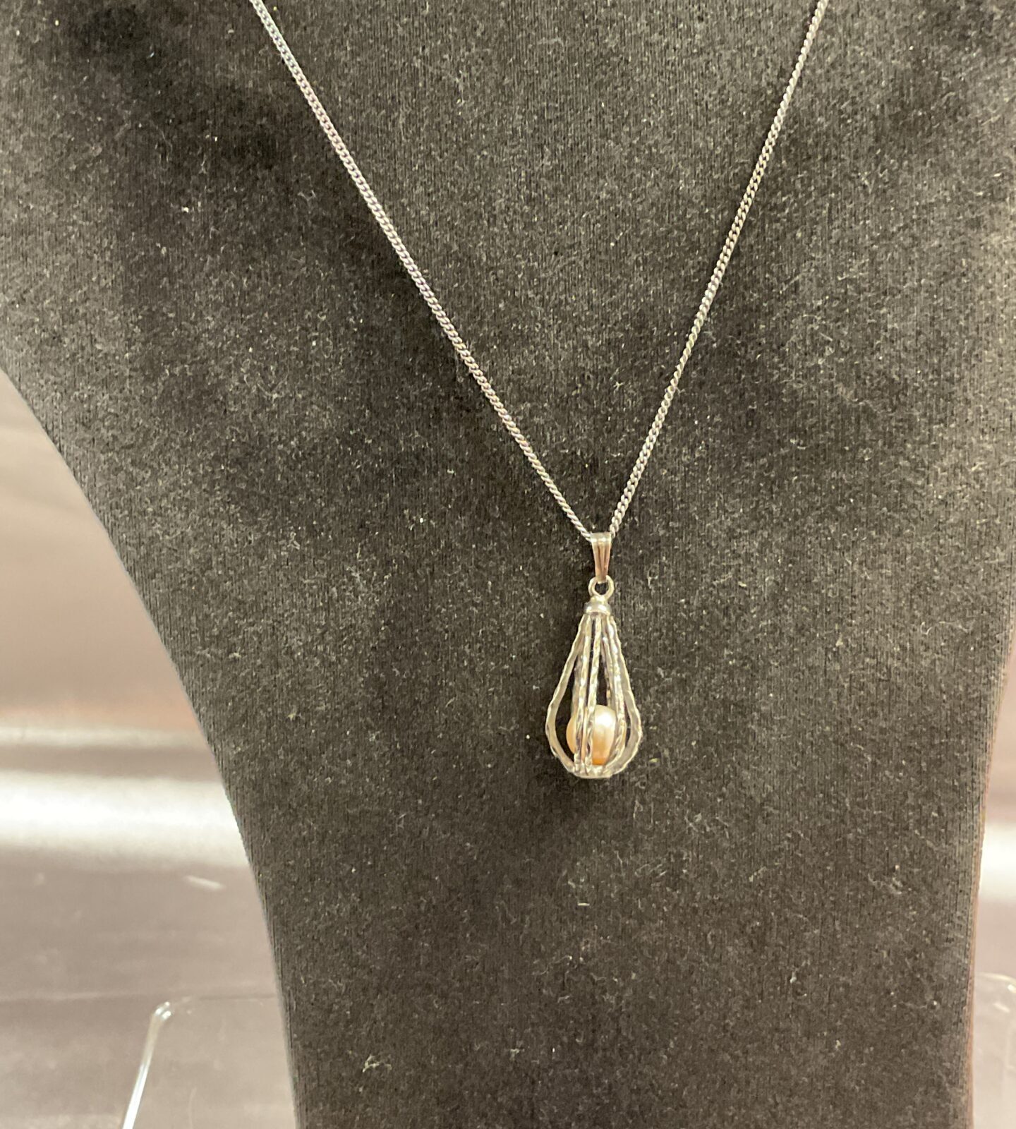 Silver freshwater pearl cage pendant 20” necklace by Guernsey pearl