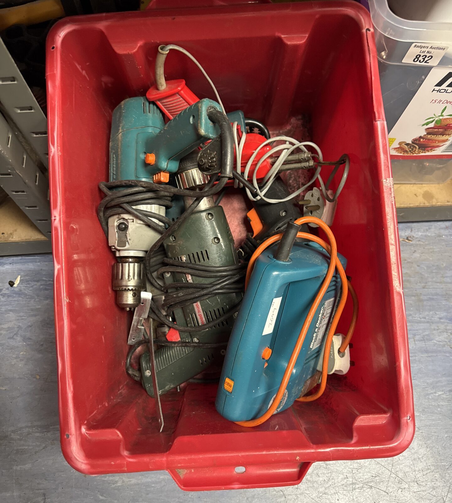 Box of assorted power tools inc drills, soldering iron & others